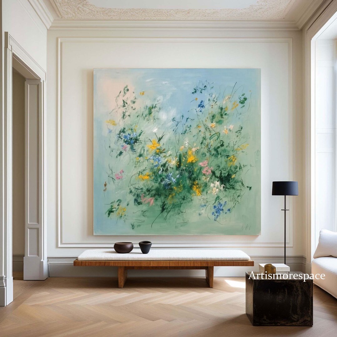 Modern Abstract Floral Canvas Art Pastel Green Textured Oil Painting ...