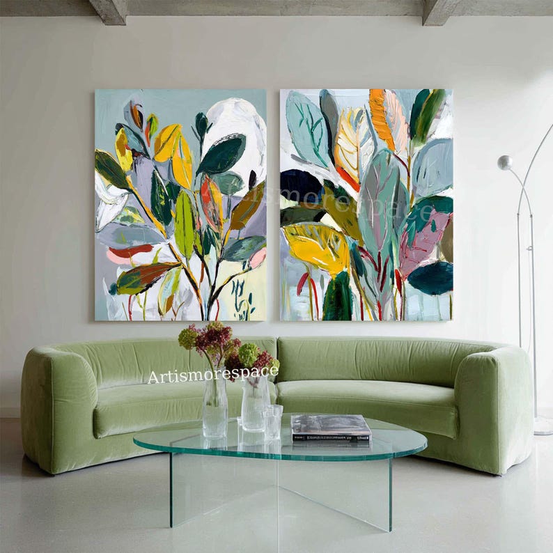 Set of 2 Abstract Botanical Wall Art Sage Green Textured Painting ...