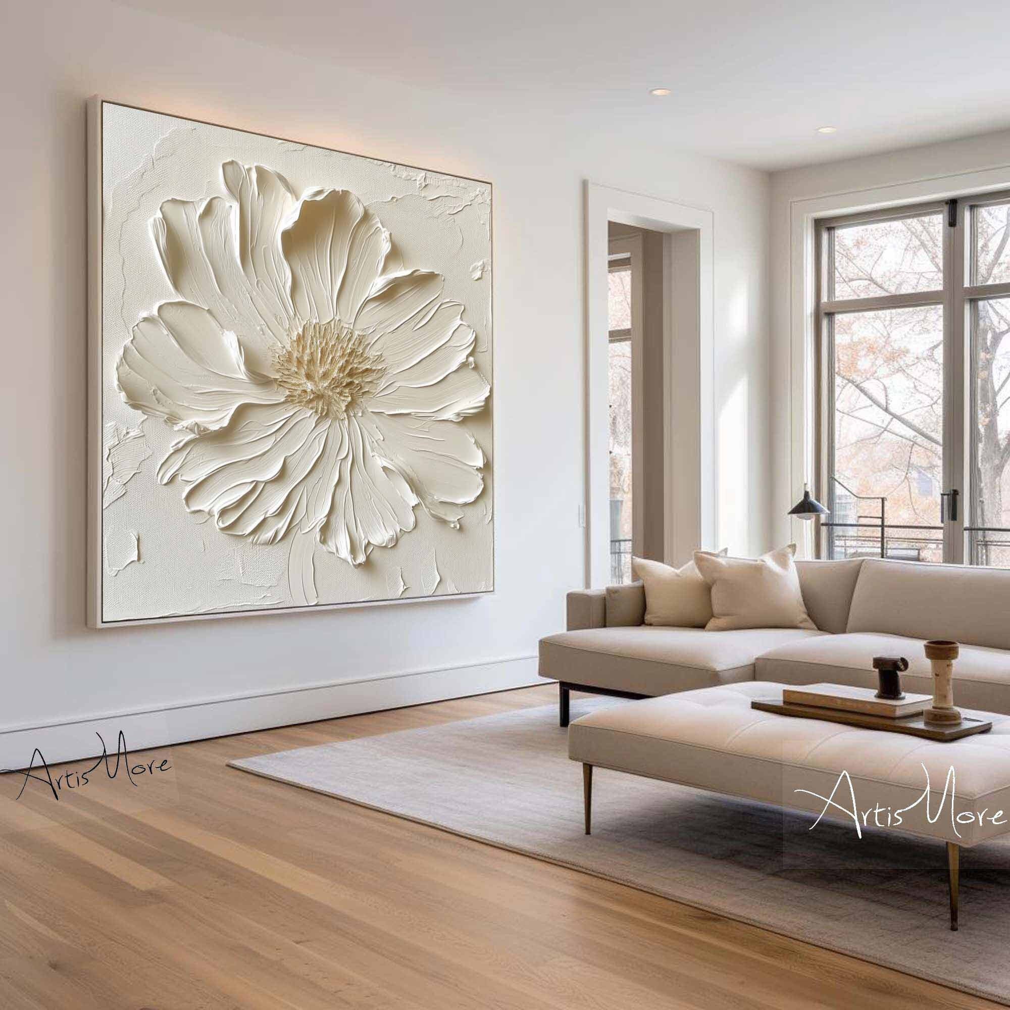 3D Texture Flower Painting on Canvas Large Flower Wall Art Creamy White Minimalist Painting Gold Texture Art Boho Minimalist Floral Art