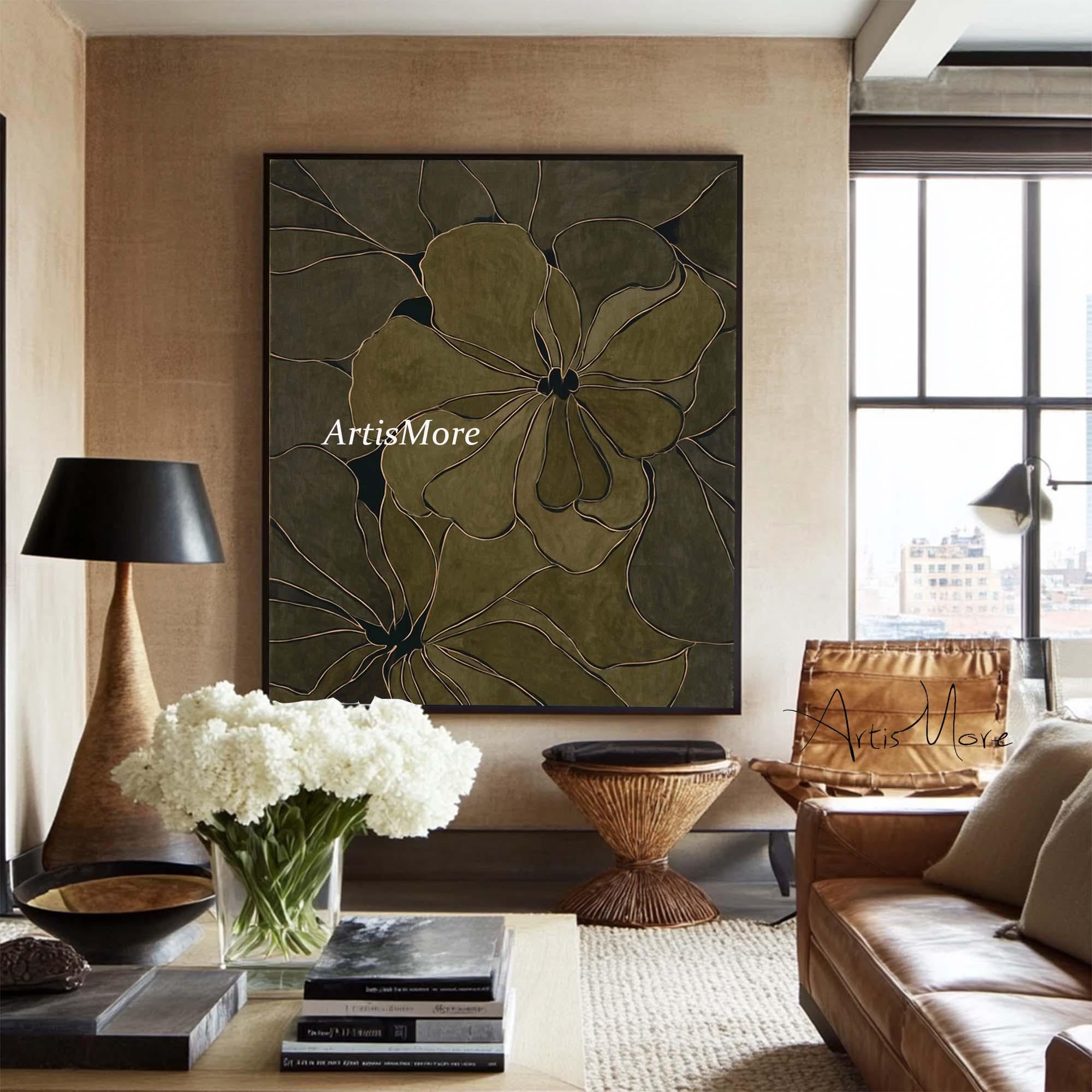 Large Abstract Floral Canvas Art Olive Green & Gold Minimalist Painting ...