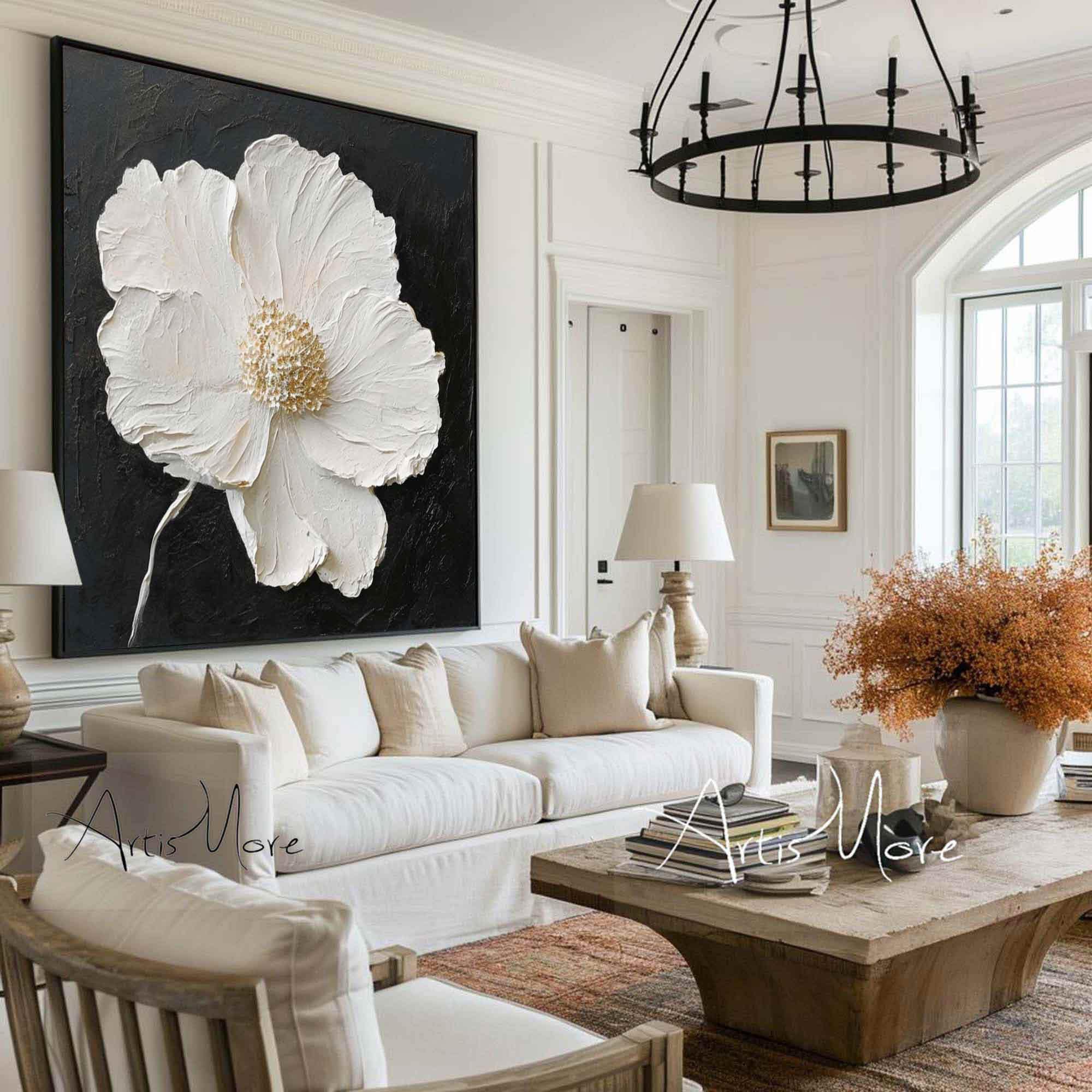 Minimalist Flower Wall Art Black White 3D Texture Painting on Canvas Large Floral Painting Gold Texture Wall Art Boho Living Room Wall Decor