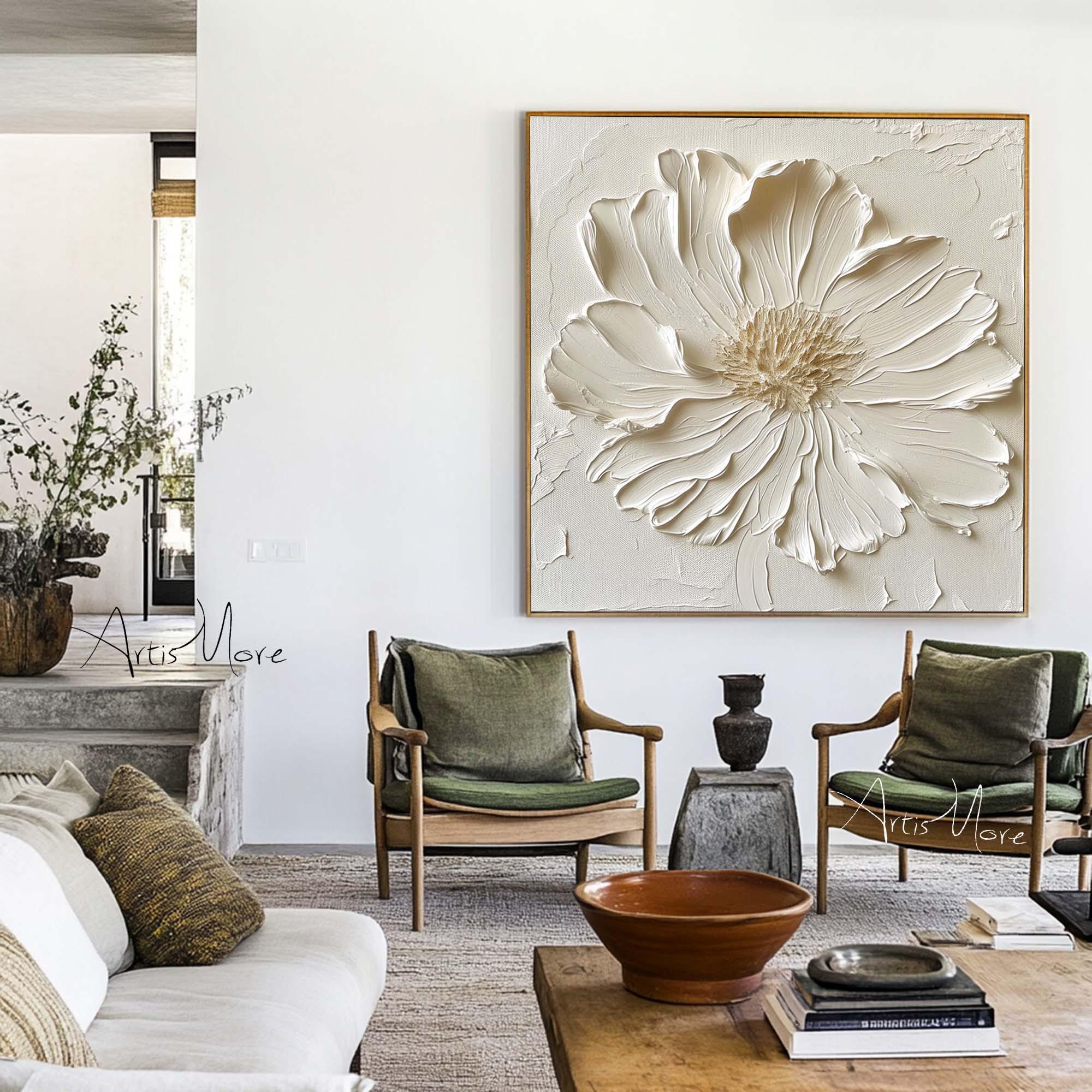 3D Texture Flower Painting on Canvas Large Flower Wall Art Creamy White Minimalist Painting Gold Texture Art Boho Minimalist Floral Art