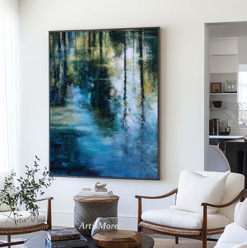 Abstract Lake Landscape Oil Painting Blue Green Forest Reflection ...