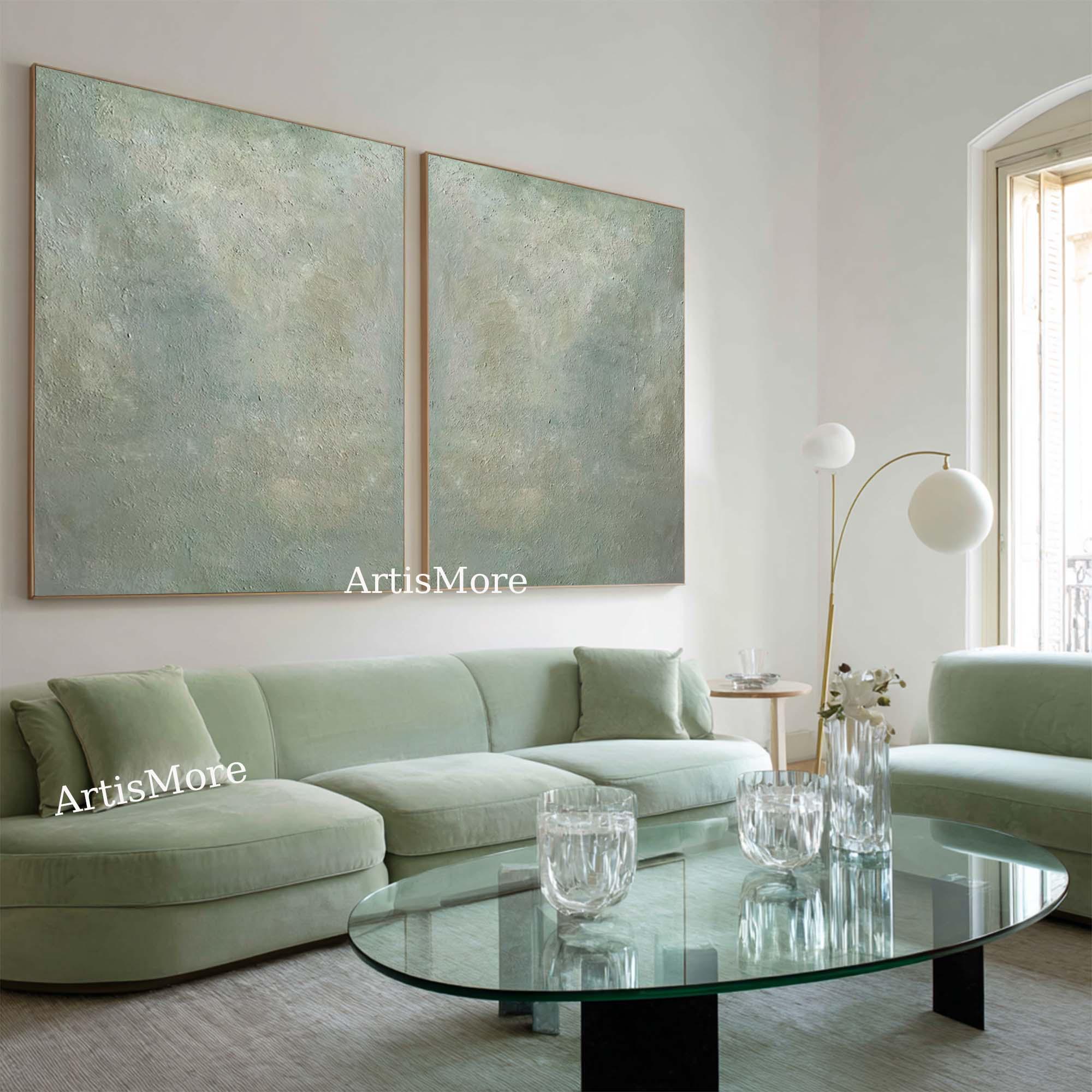 Sage Green Abstract Textured Painting Set of 2 Green Minimalist Wall ...