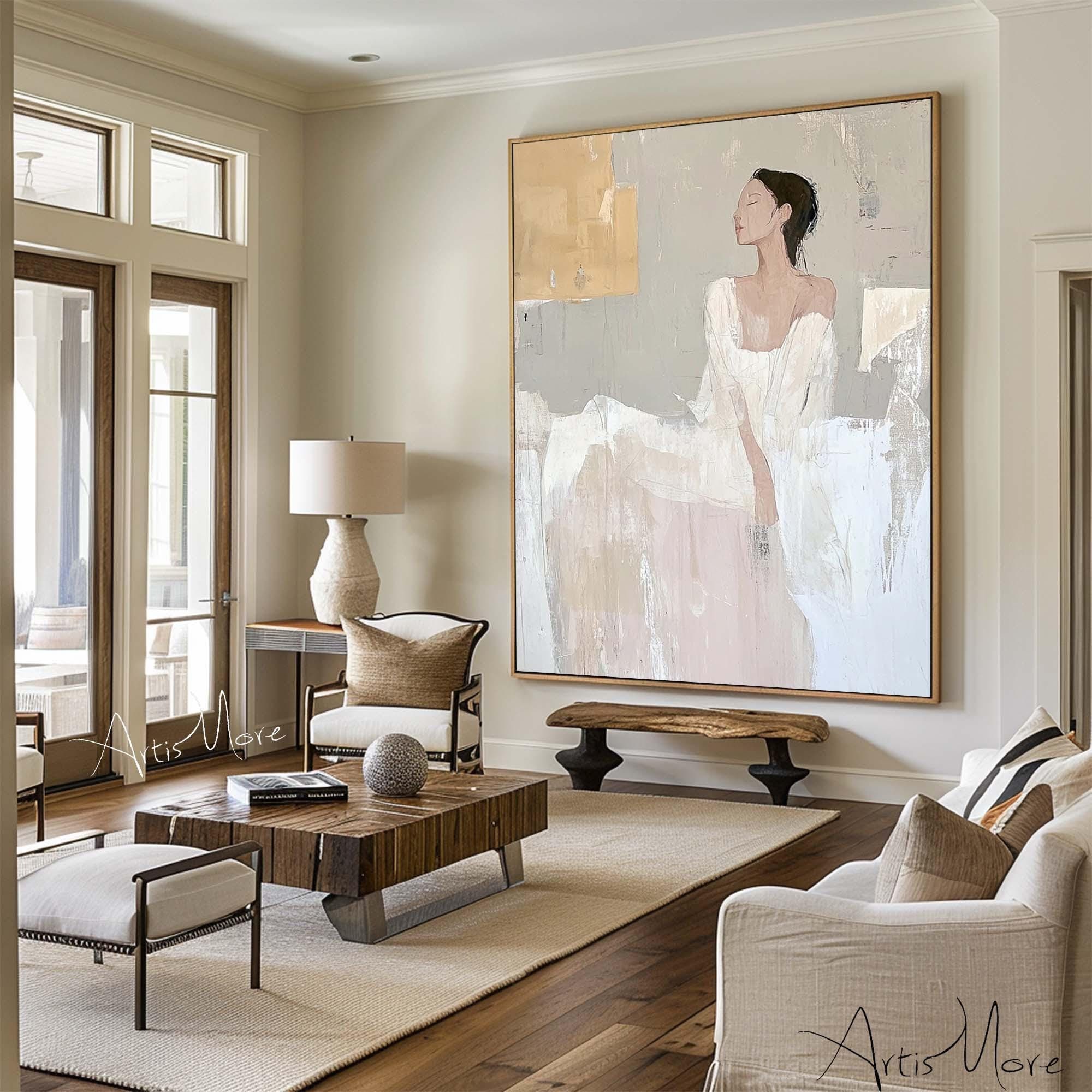 Large Abstract Lady Canvas Art Female Figure Texture Painting Original Woman Painting Beige TextureWall Art Neutral Wall Art for Livingroom