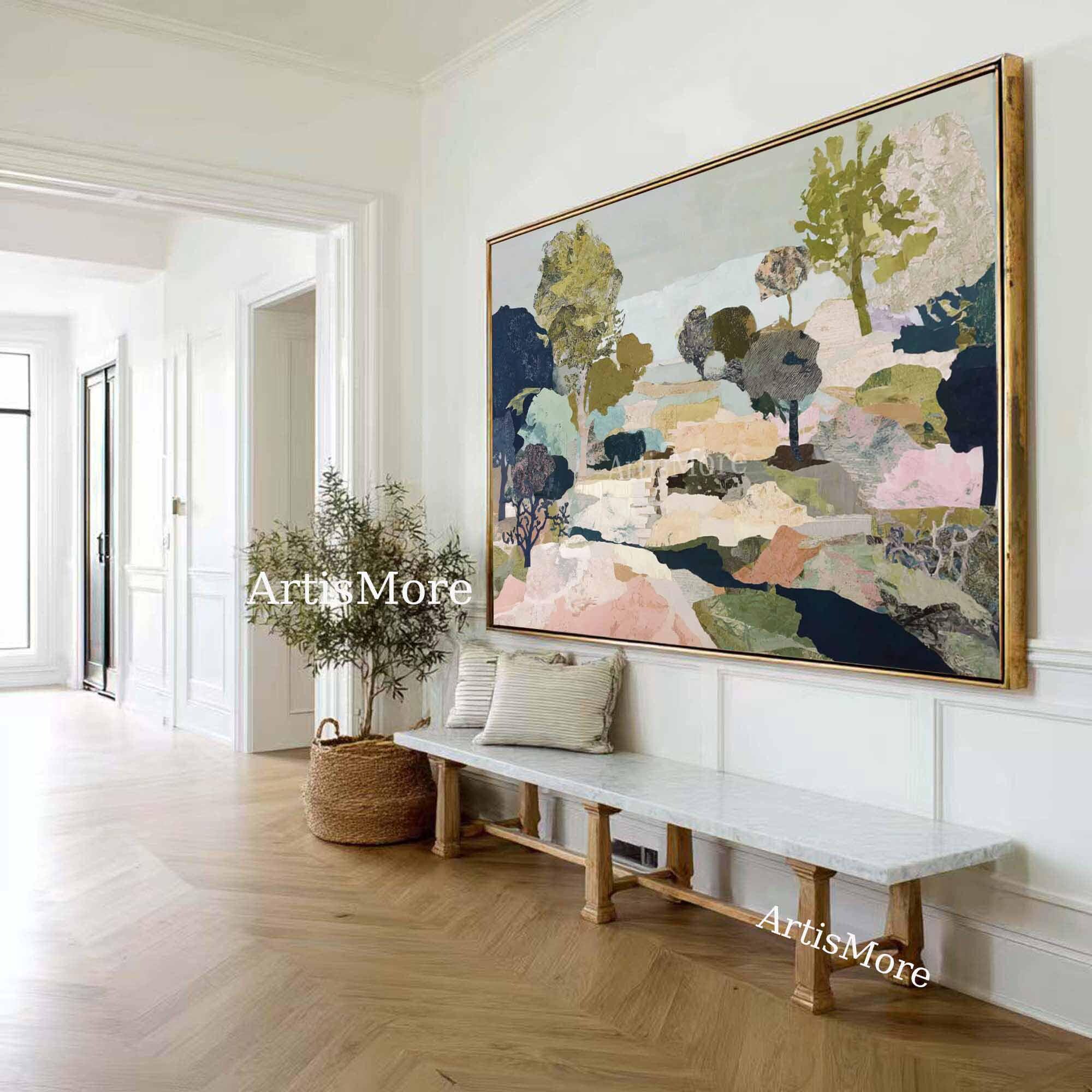 Original Abstract Countryside Landscape Oil Canvas Soft Green Pastoral ...