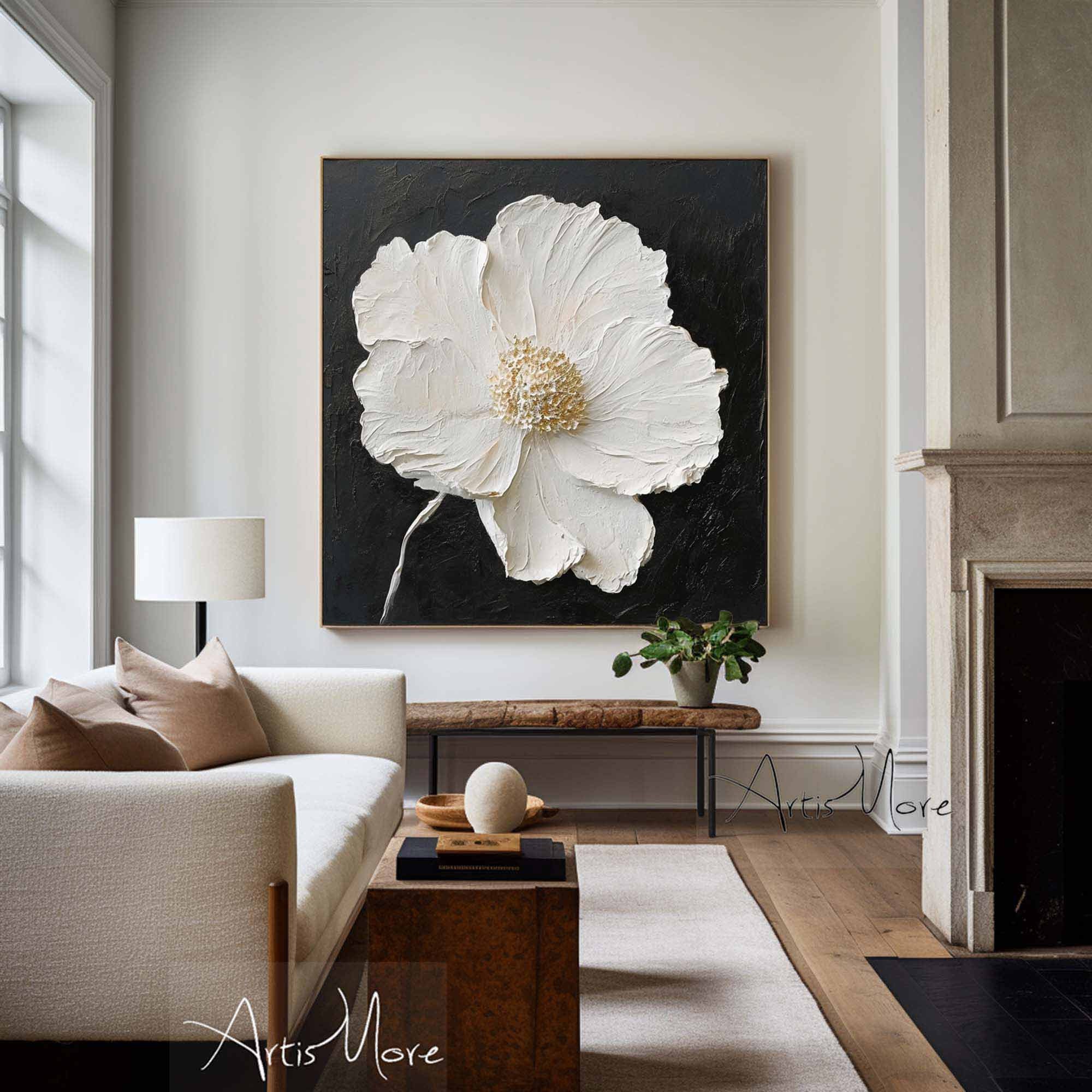 Minimalist Flower Wall Art Black White 3D Texture Painting on Canvas Large Floral Painting Gold Texture Wall Art Boho Living Room Wall Decor