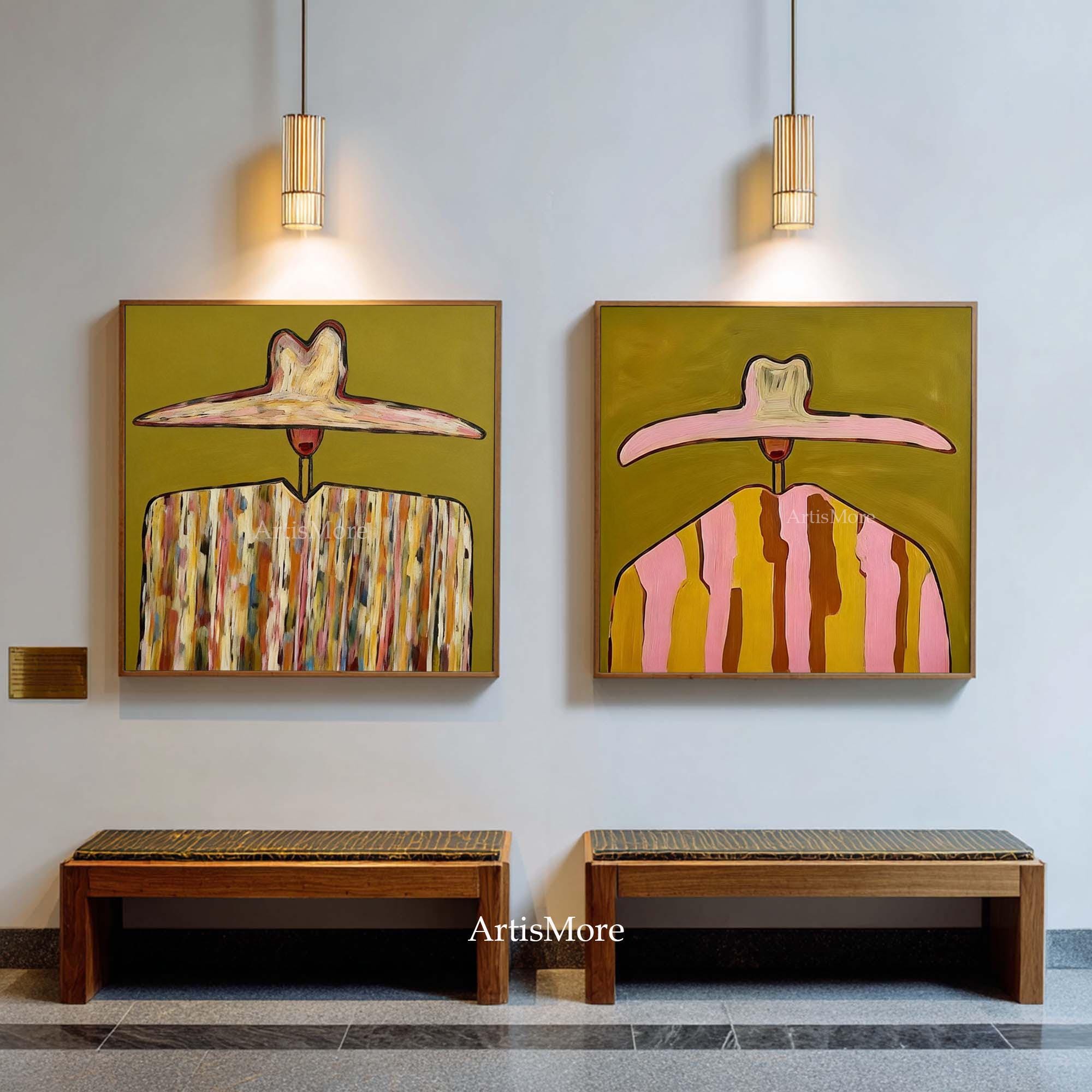 Set of 2 Abstract Figure Painting Large Woman Portrait With Hat Canvas ...