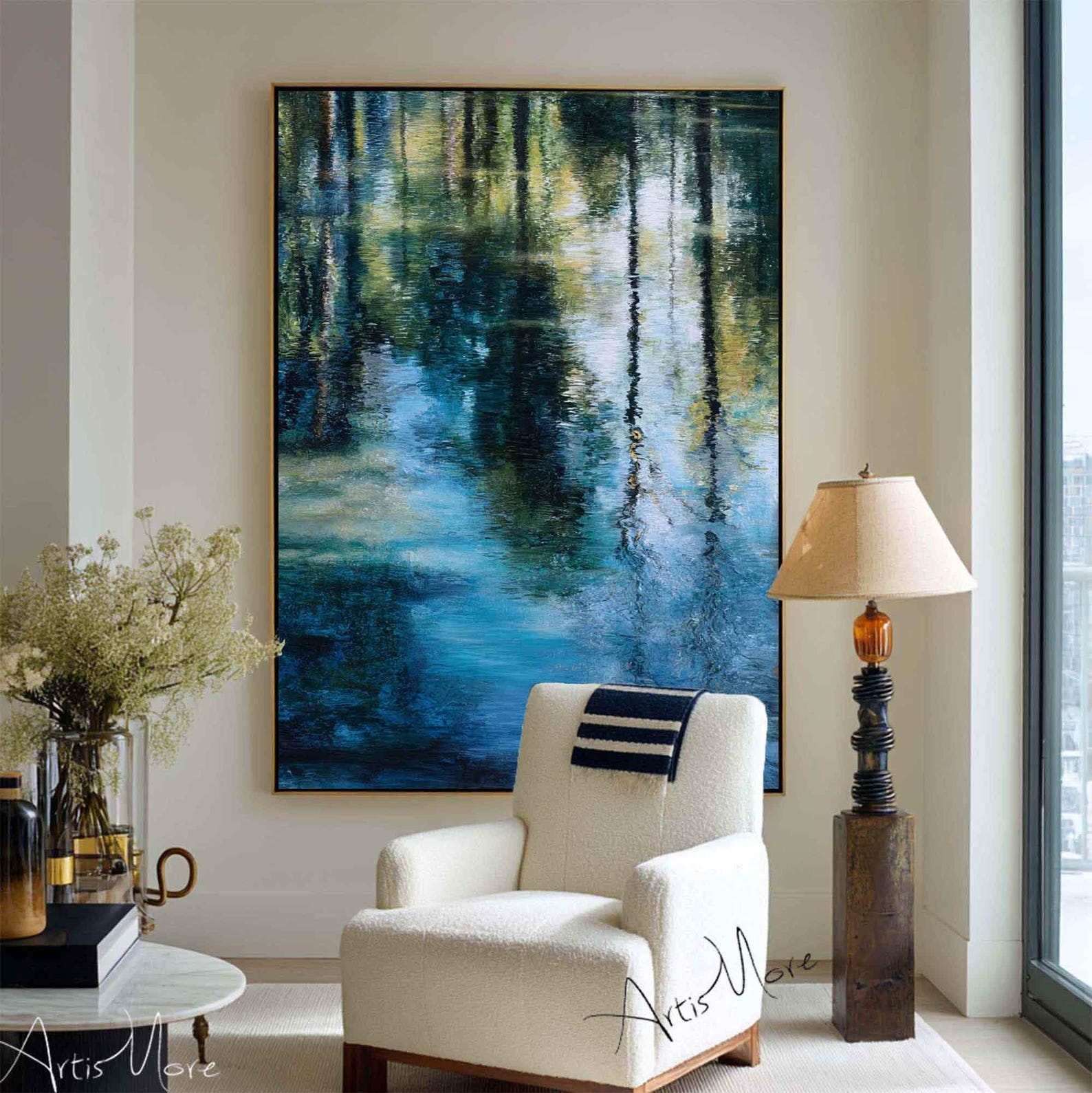 Abstract Lake Landscape Oil Painting Blue Green Forest Reflection ...