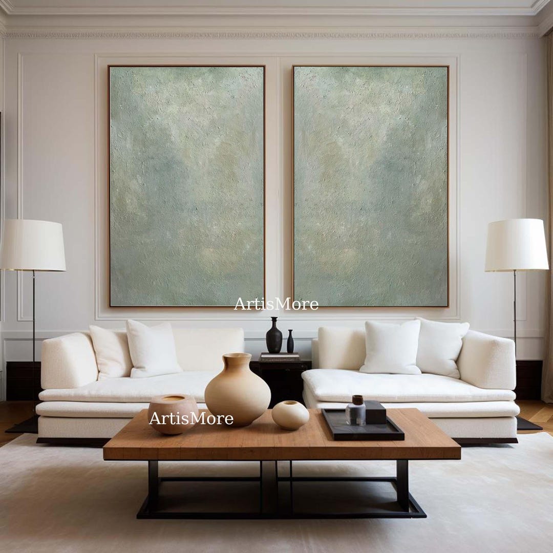 Sage Green Abstract Textured Painting Set of 2 Green Minimalist Wall ...