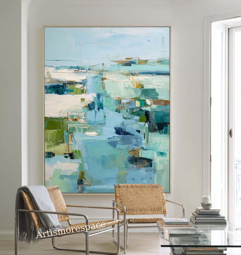 Modern Turquoise Abstract Oil Painting Ocean Landscape Wall Art ...