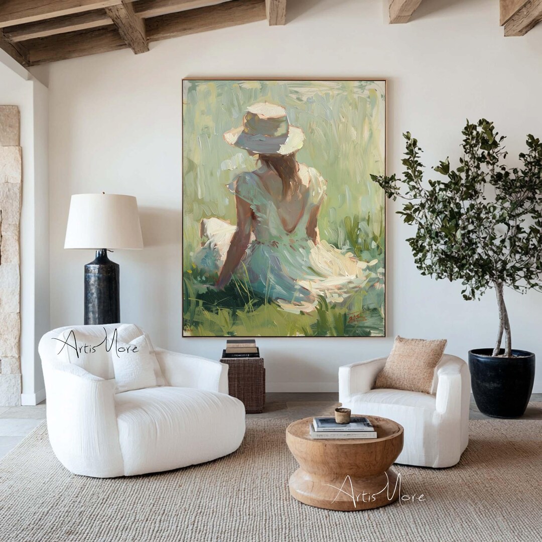 Original Woman Oil Painting on Canvas: Large Green Textured Wall Art - Etsy