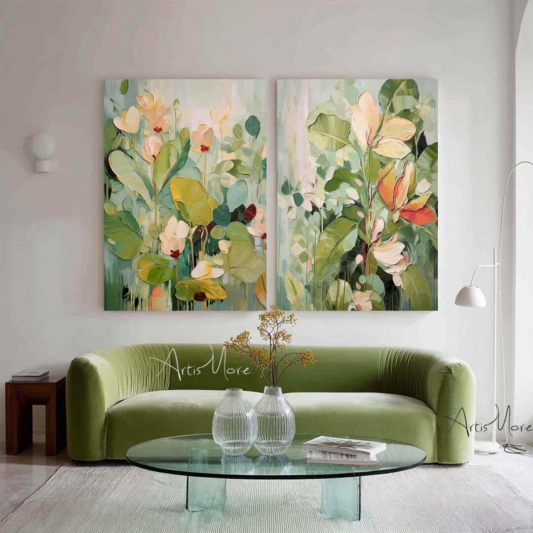 Abstract Floral Canvas Painting Set: Green & Pink Botanical Wall Art - Etsy