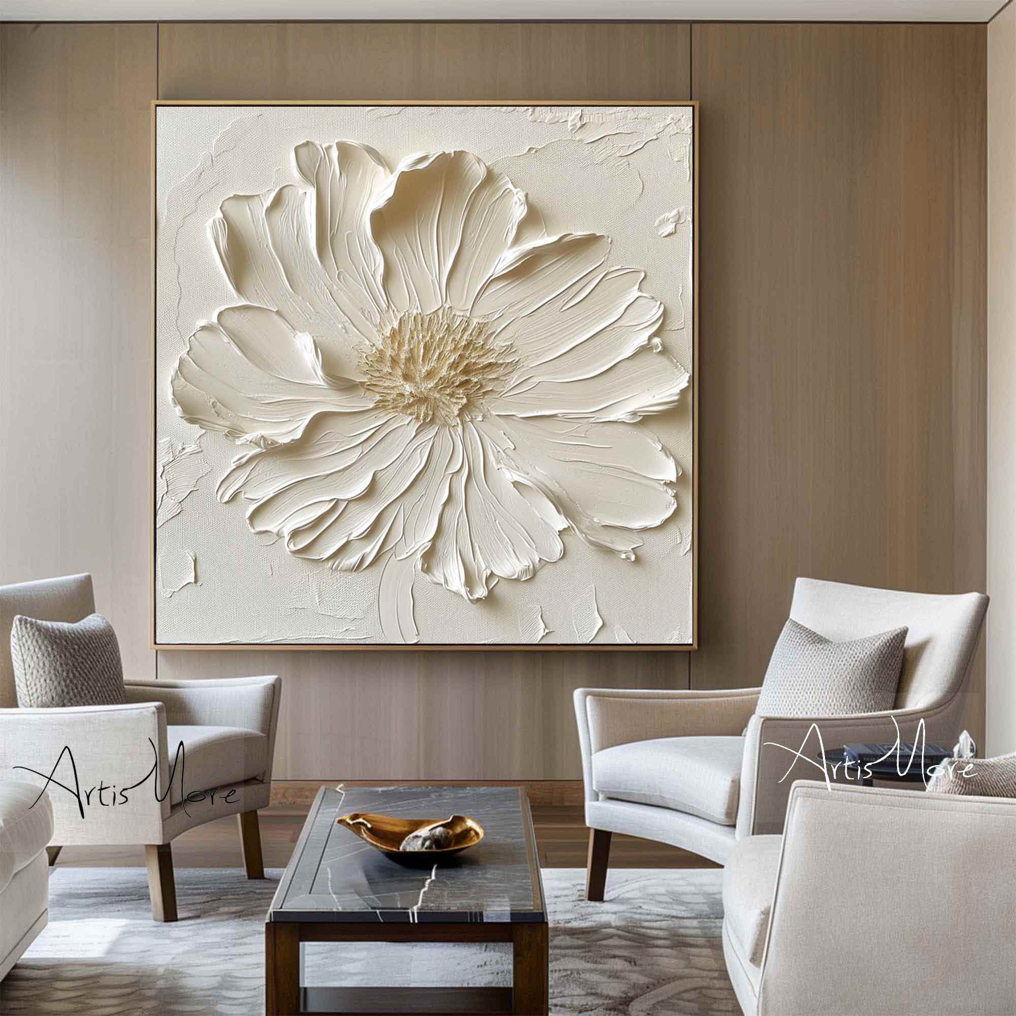 3D Texture Flower Painting on Canvas Large Flower Wall Art Creamy White Minimalist Painting Gold Texture Art Boho Minimalist Floral Art