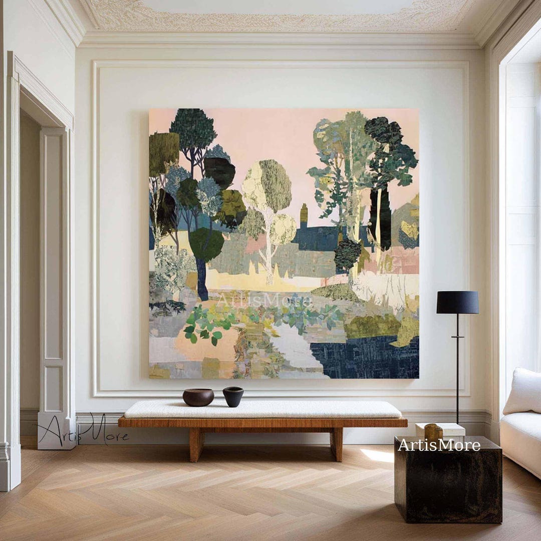 Original Abstract Woodland Landscape Oil Painting Soft Green Modern ...