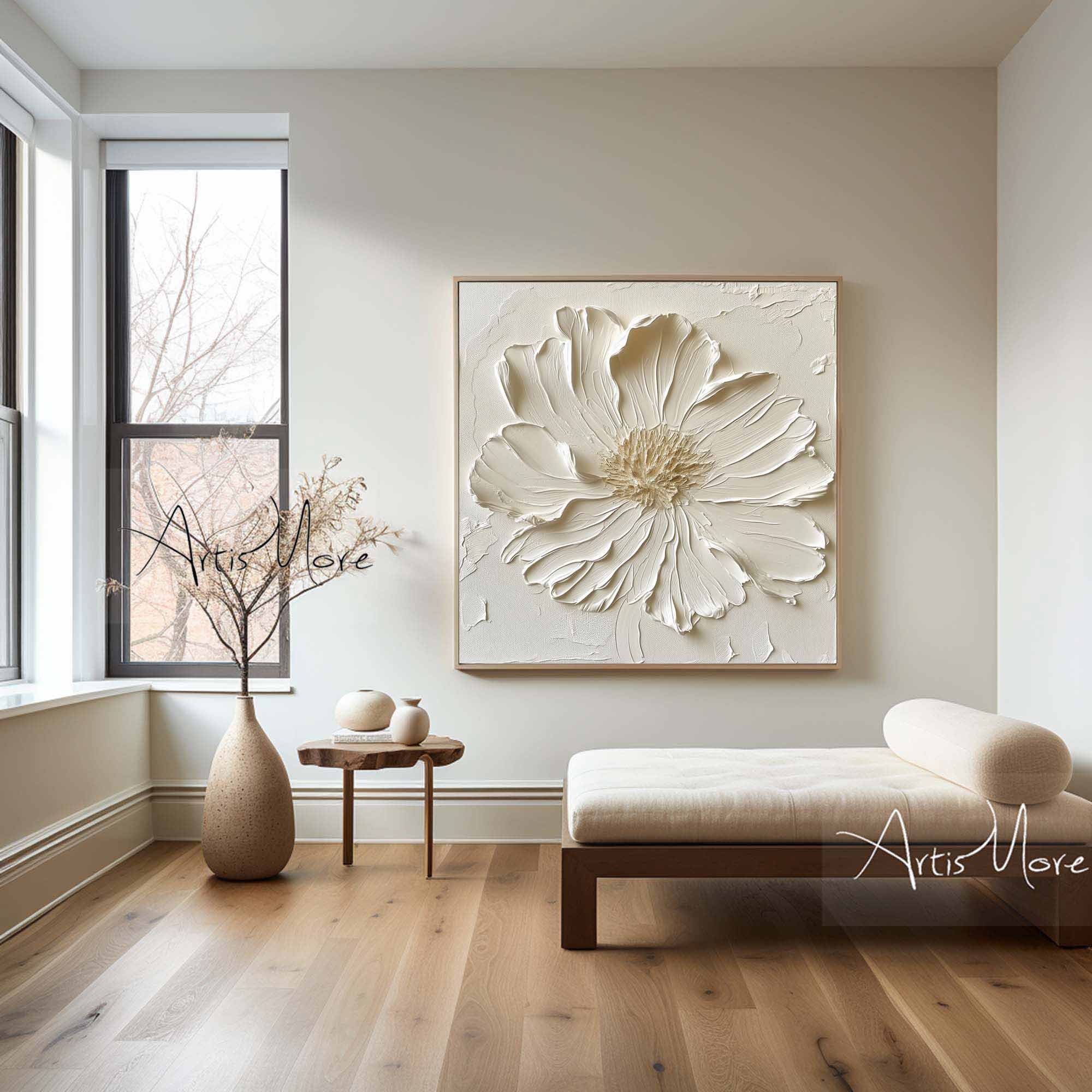 3D Texture Flower Painting on Canvas Large Flower Wall Art Creamy White Minimalist Painting Gold Texture Art Boho Minimalist Floral Art