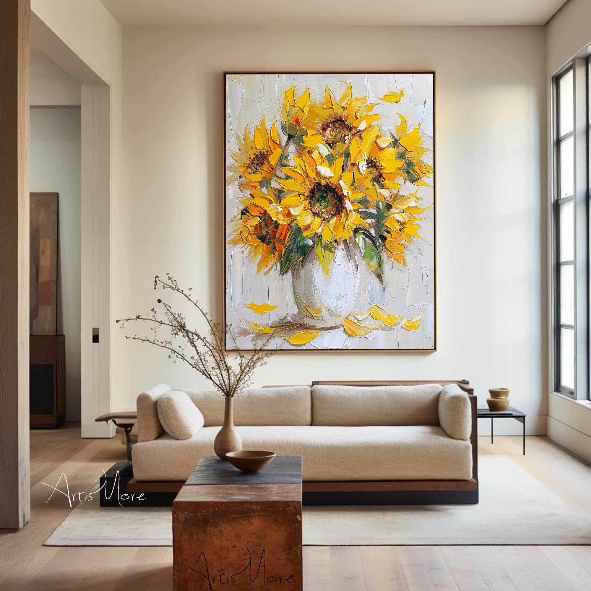 Original Sunflowers Painting on Canvas Floral Wall Art Boho Flowers in Vase Yellow Floral Texture Painting Vintage Retro Flower Art Decor