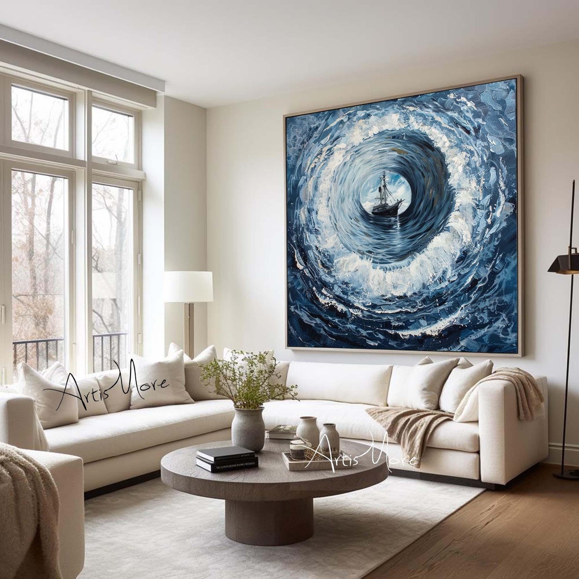 Original Ocean Wave Texture Oil Painting Blue Sailboat Wall Art ...