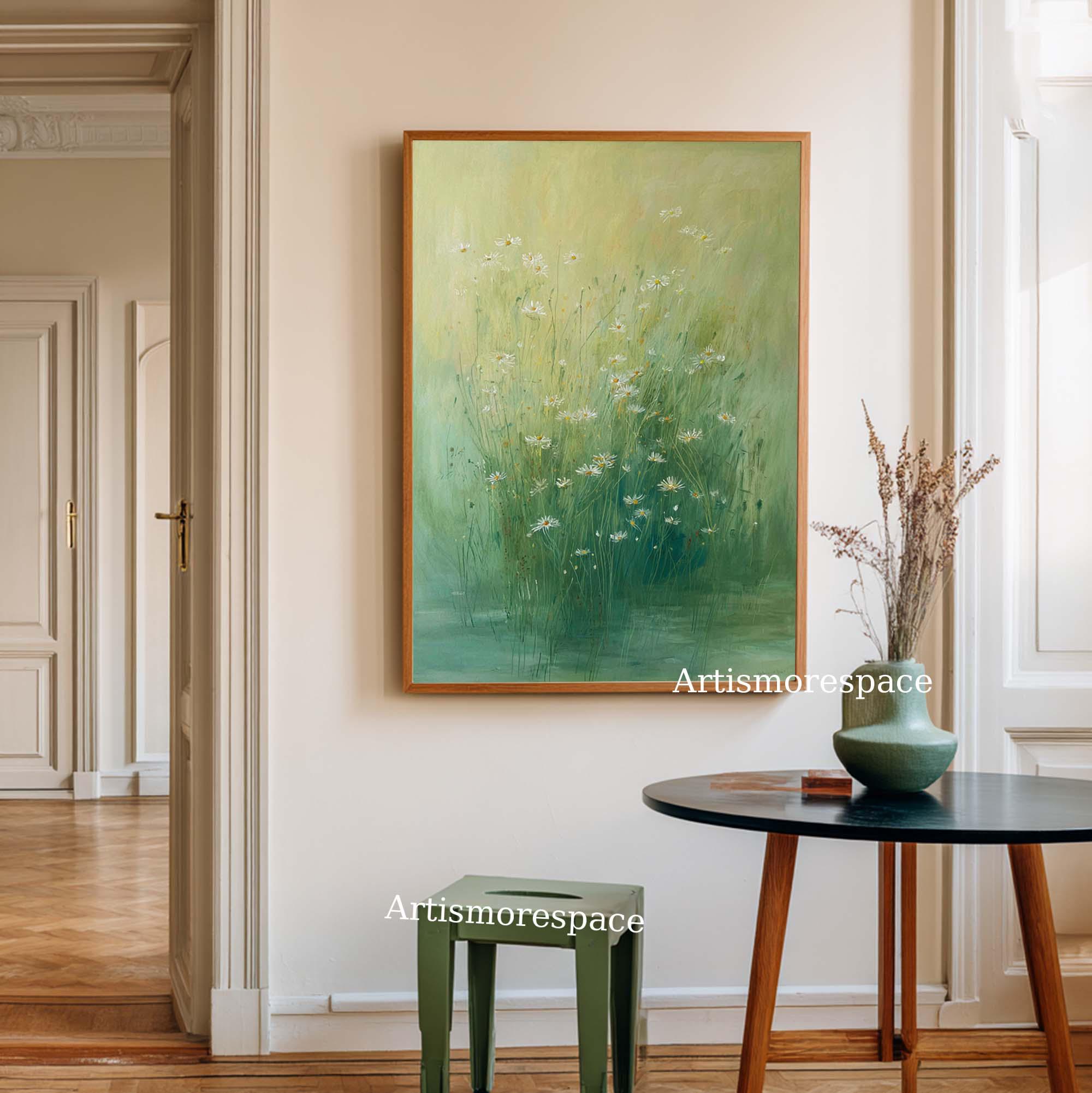 Sage Green Abstract Floral Wall Art Daisy Meadow Oil Painting ...