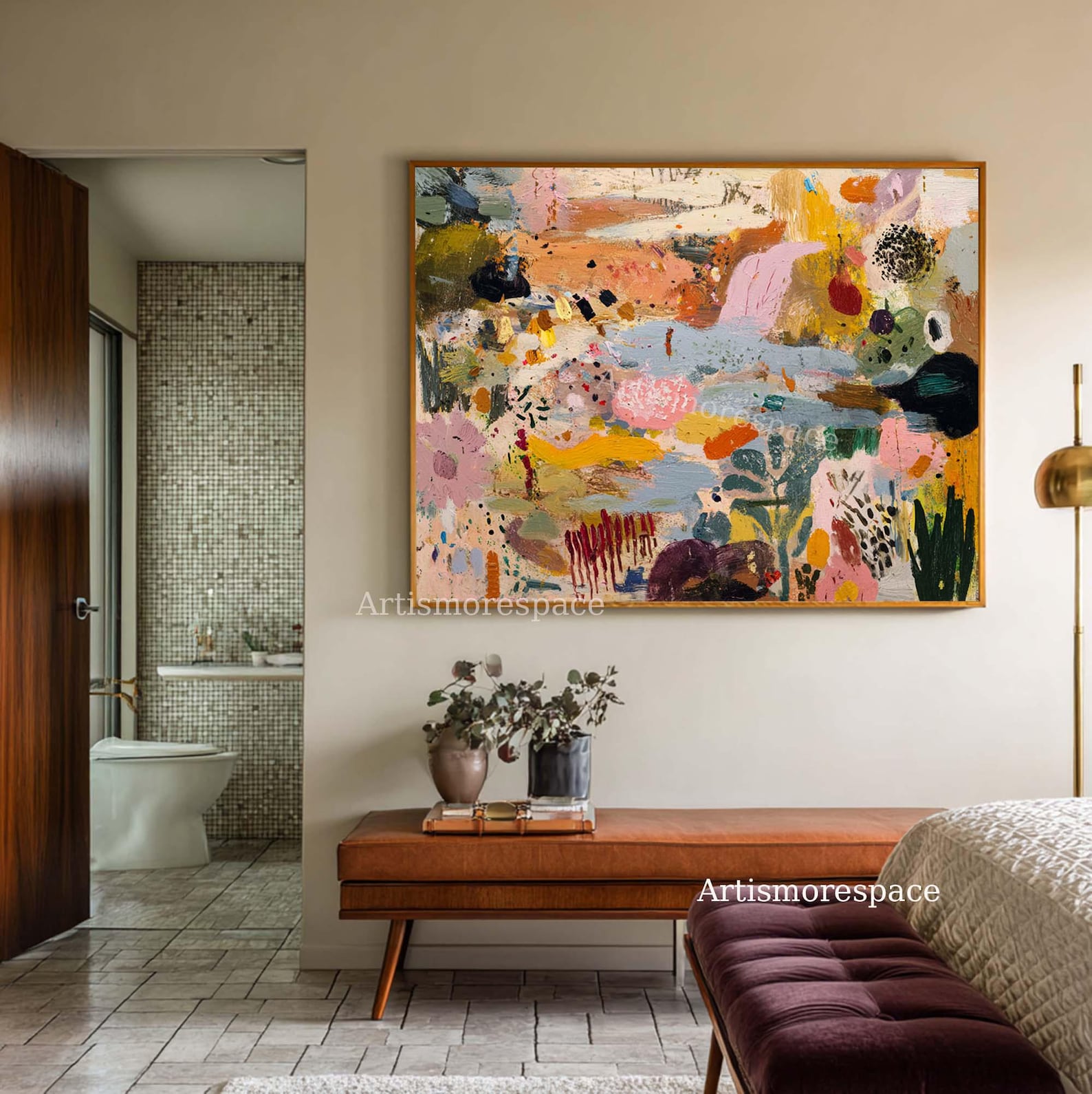 Large Abstract Landscape Oil Painting Whimsical Nature Wall Art Vibrant Textured Canvas for Living Room - 24X18(61X46CM), Wood frame stretch