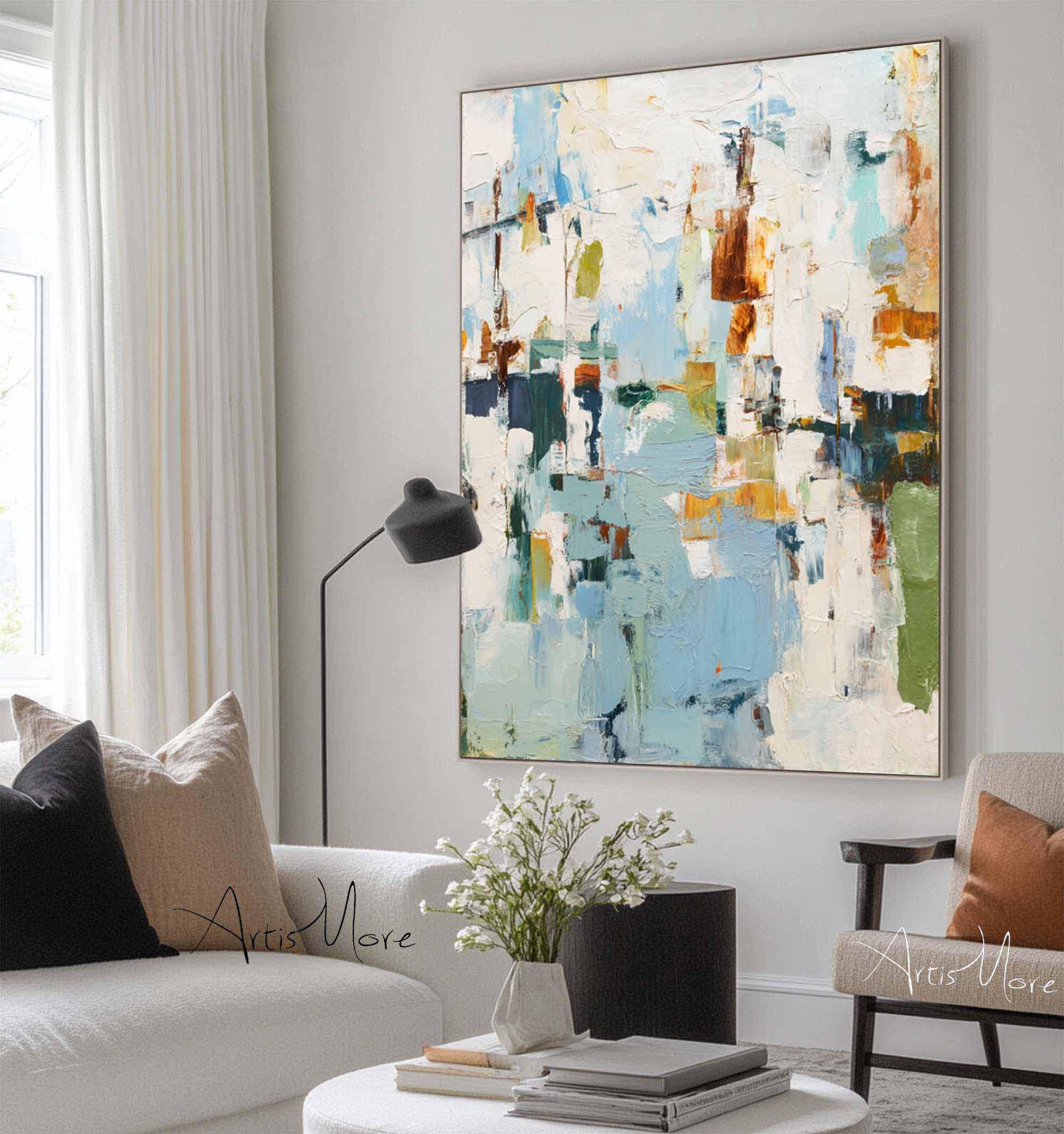 Large Abstract Light Blue Textured Canvas Painting Modern Minimalist ...