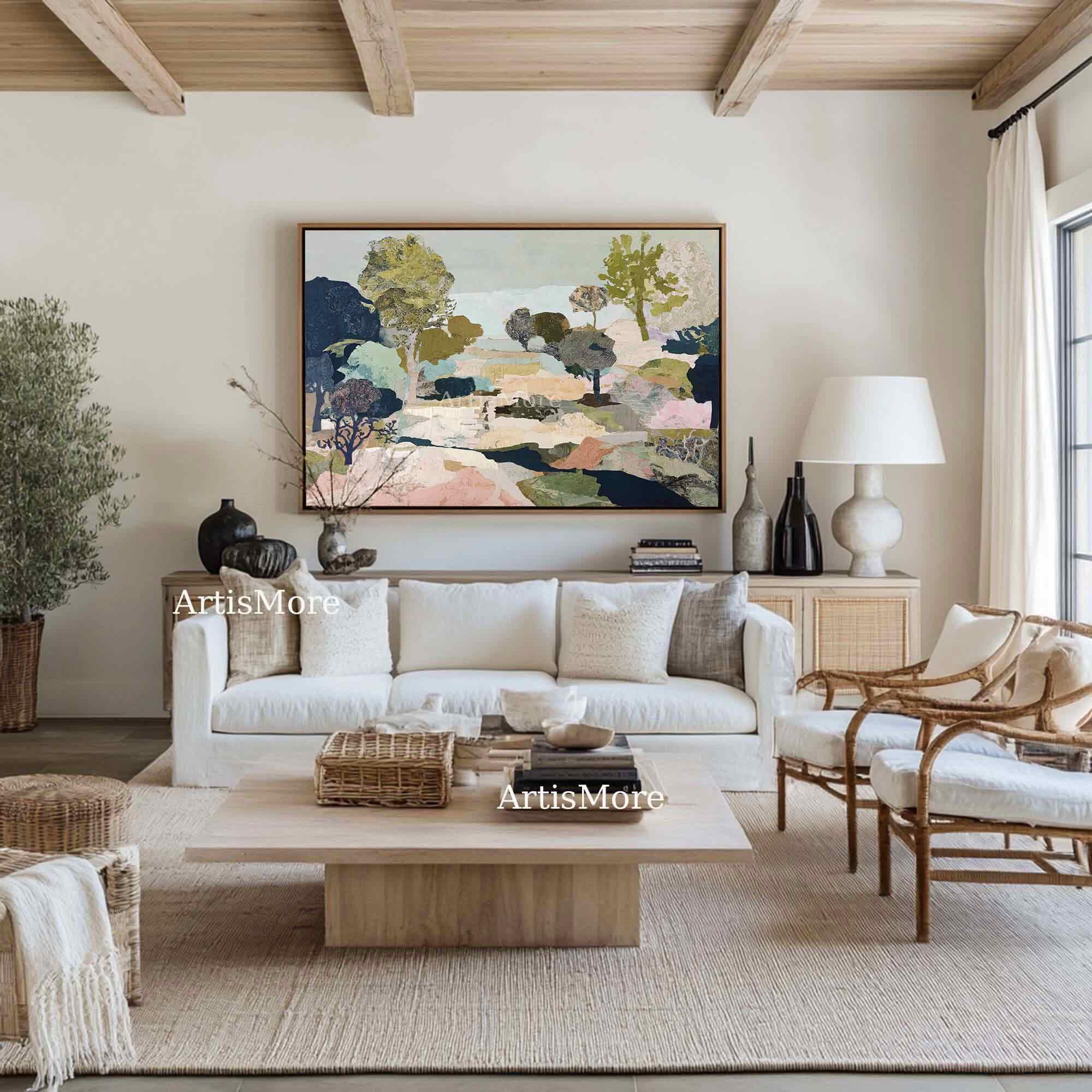 Original Abstract Countryside Landscape Oil Canvas Soft Green Pastoral ...