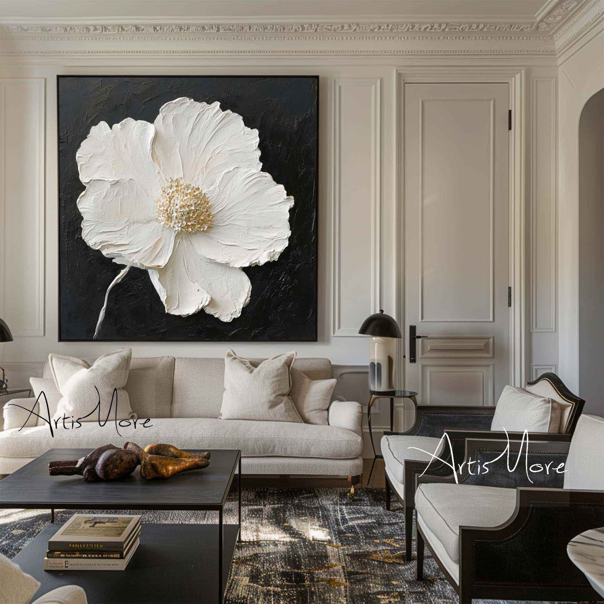 Minimalist Flower Wall Art Black White 3D Texture Painting on Canvas Large Floral Painting Gold Texture Wall Art Boho Living Room Wall Decor