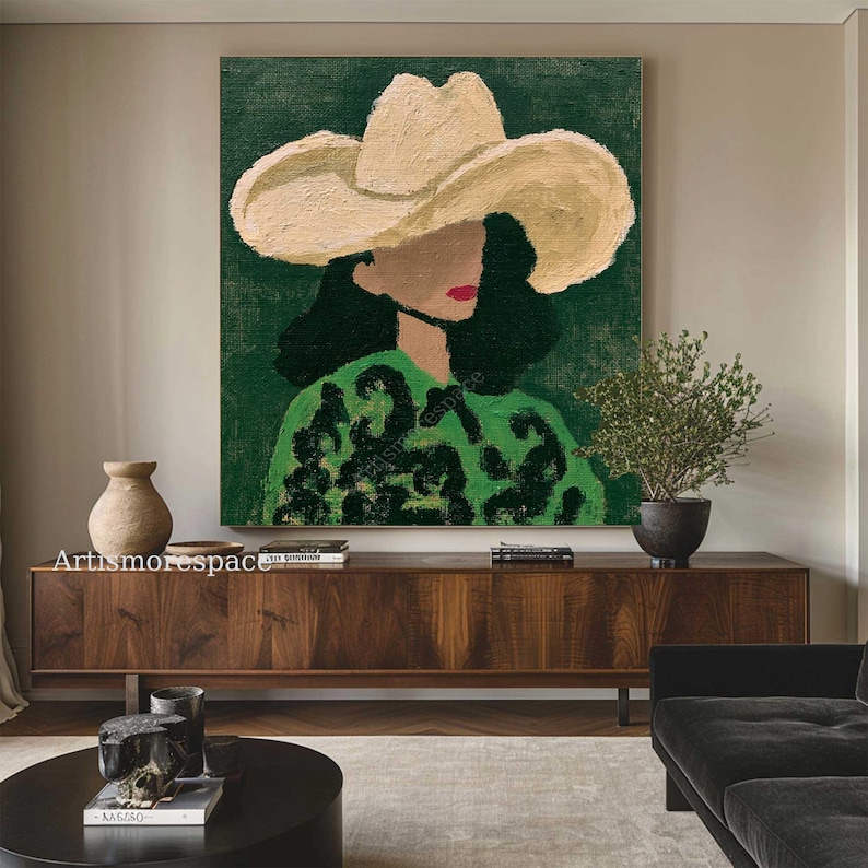 Modern Abstract Woman Portrait Painting Female Figure Wall Art Green ...