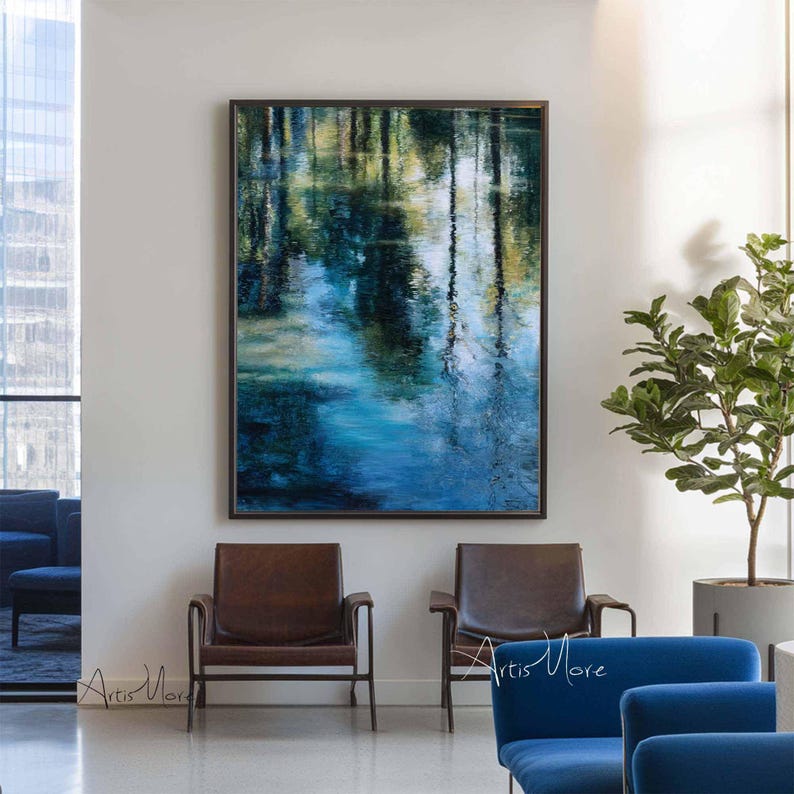 Abstract Lake Landscape Oil Painting Blue Green Forest Reflection ...