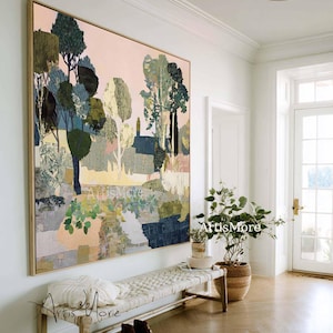 Original Abstract Woodland Landscape Oil Painting Soft Green Modern ...