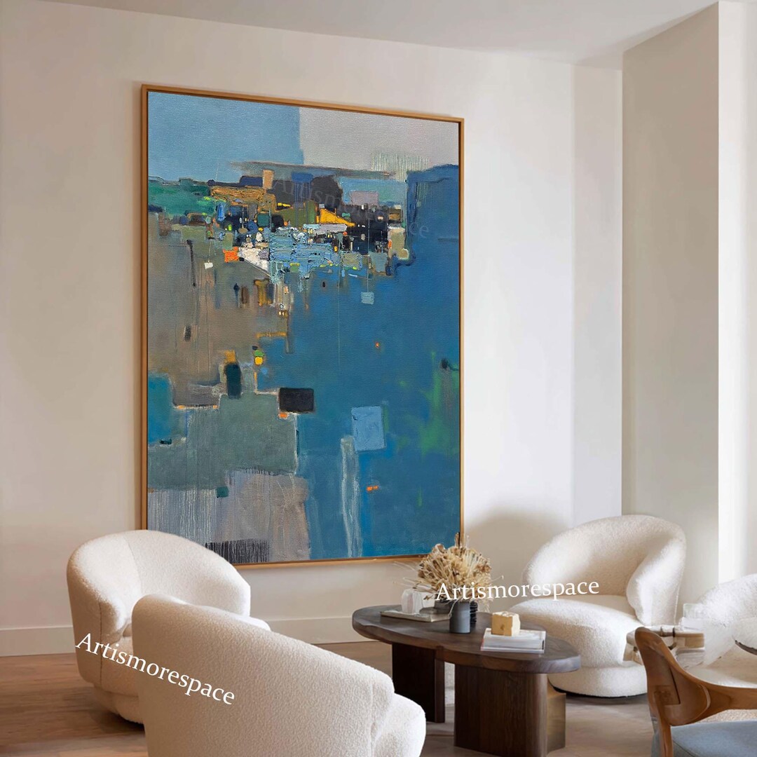 Large Abstract Landscape Oil Painting Blue Textured Wall Art Modern ...