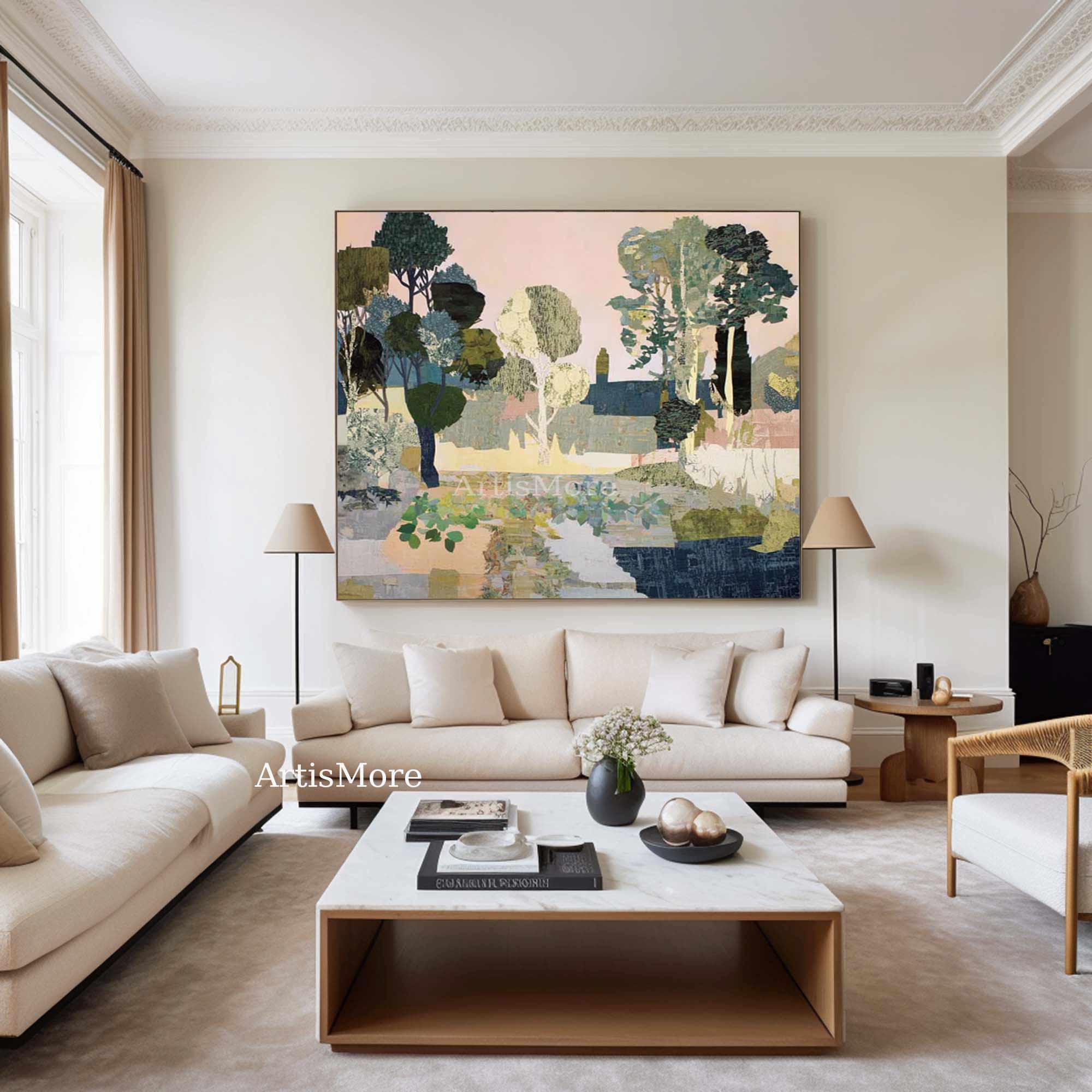 Original Abstract Woodland Landscape Oil Painting Soft Green Modern ...