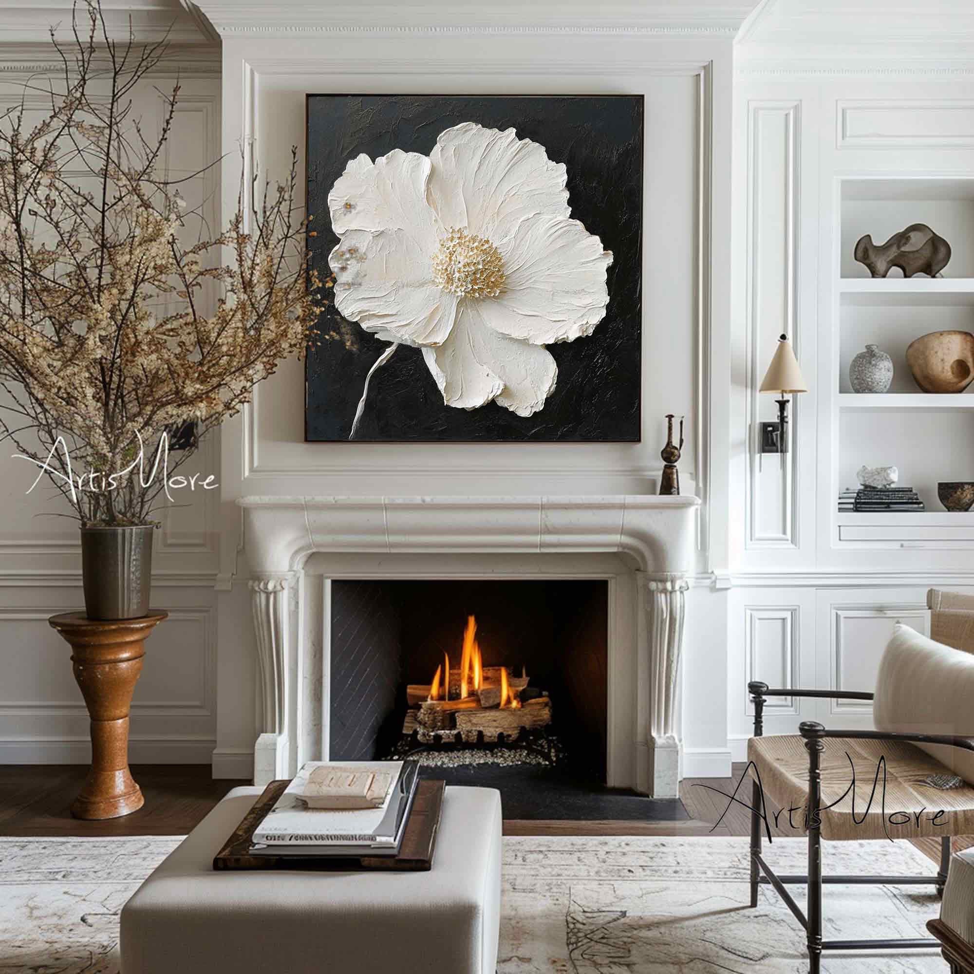 Minimalist Flower Wall Art Black White 3D Texture Painting on Canvas Large Floral Painting Gold Texture Wall Art Boho Living Room Wall Decor