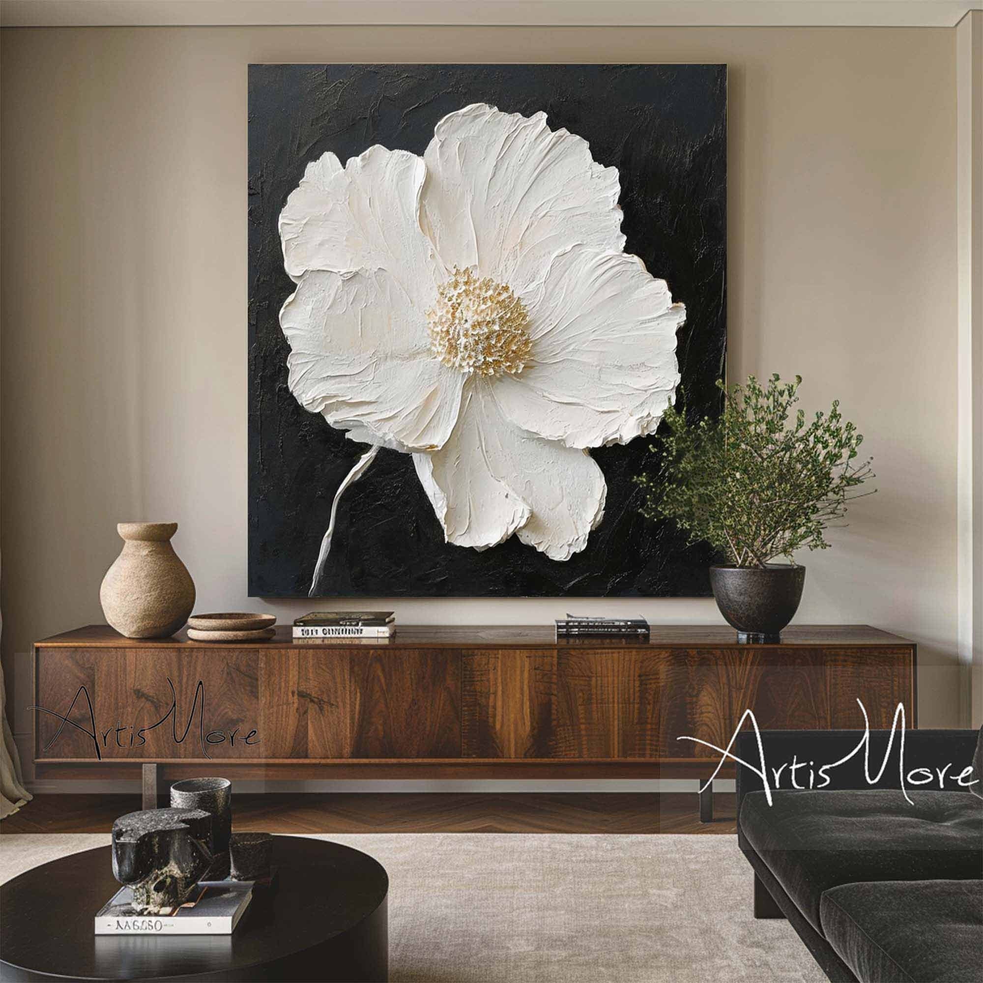 Minimalist Flower Wall Art Black White 3D Texture Painting on Canvas Large Floral Painting Gold Texture Wall Art Boho Living Room Wall Decor