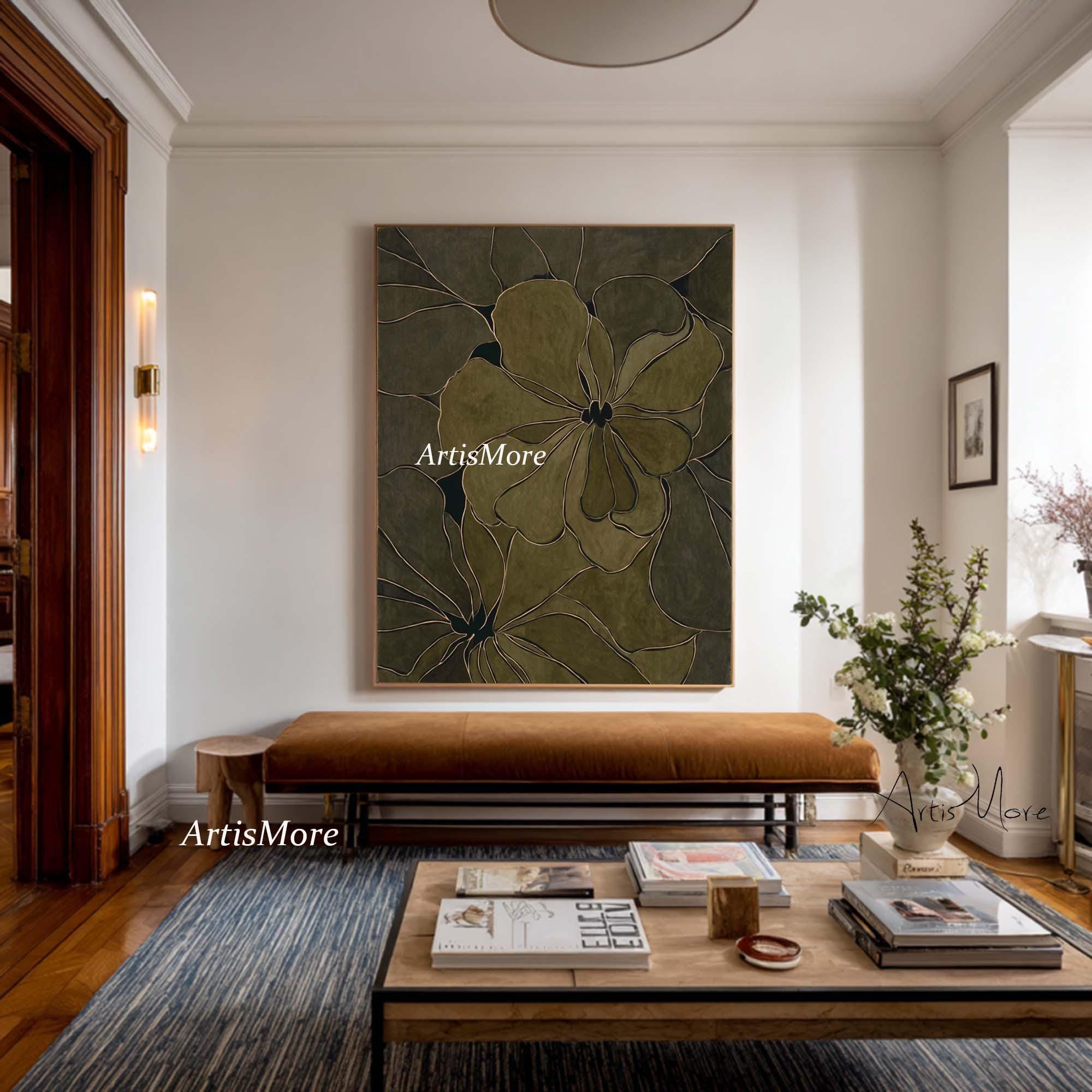 Large Abstract Floral Canvas Art Olive Green & Gold Minimalist Painting ...