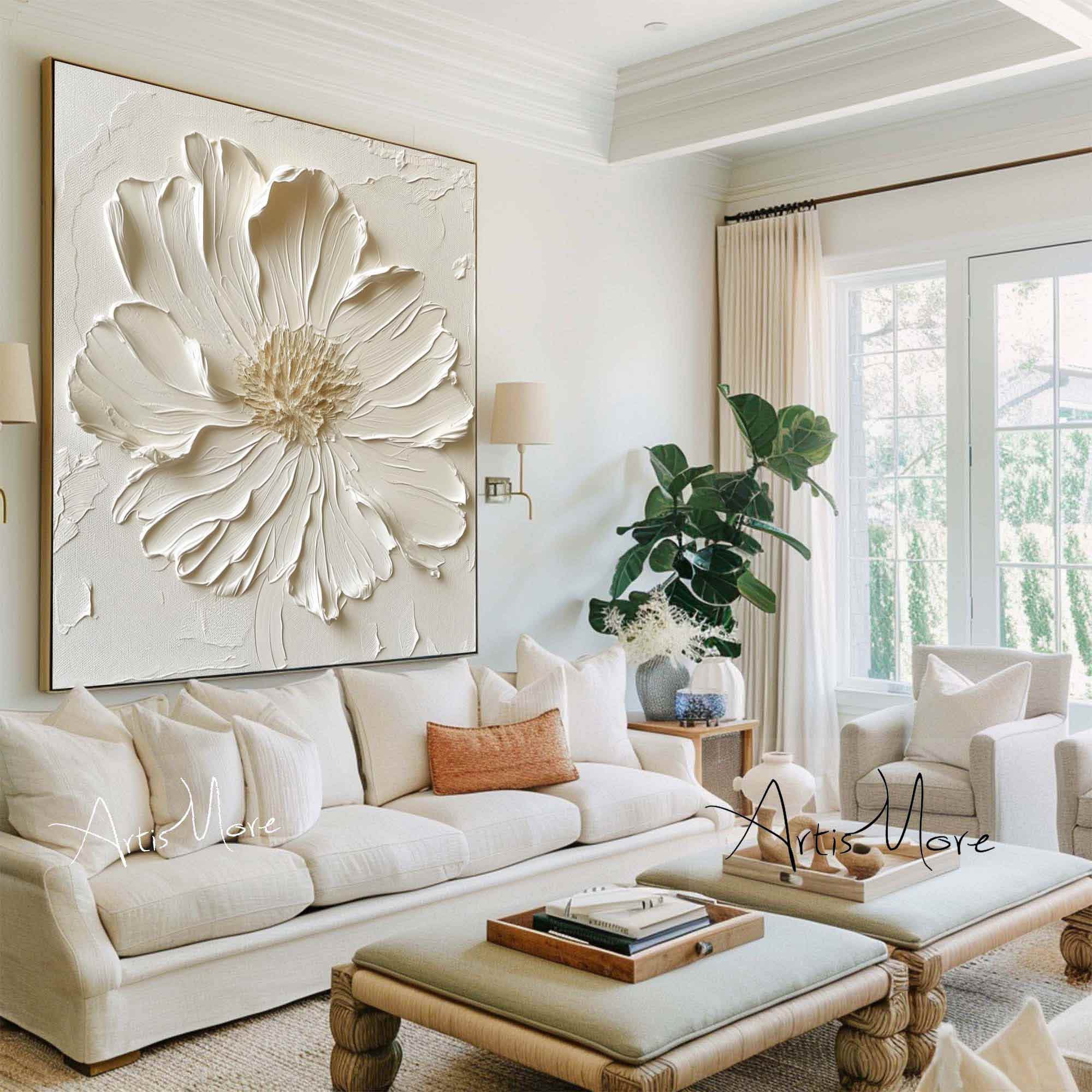 3D Texture Flower Painting on Canvas Large Flower Wall Art Creamy White Minimalist Painting Gold Texture Art Boho Minimalist Floral Art