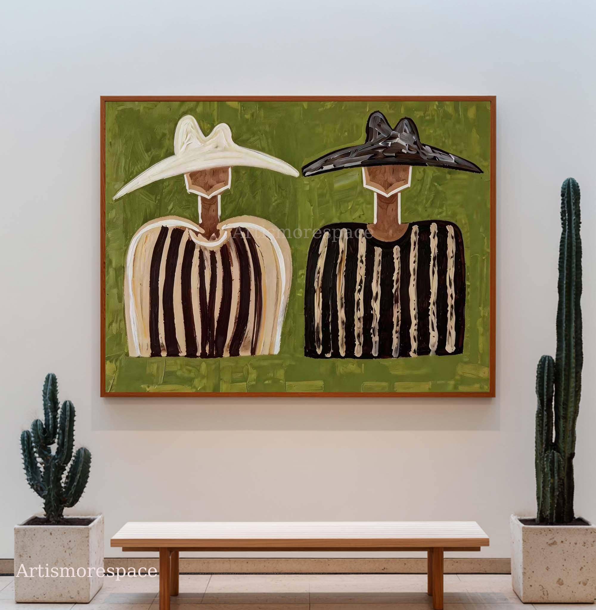 Western Cowboy & Cowgirl Oil Painting Minimalist Couple Canvas Art Olive Green Wall Art