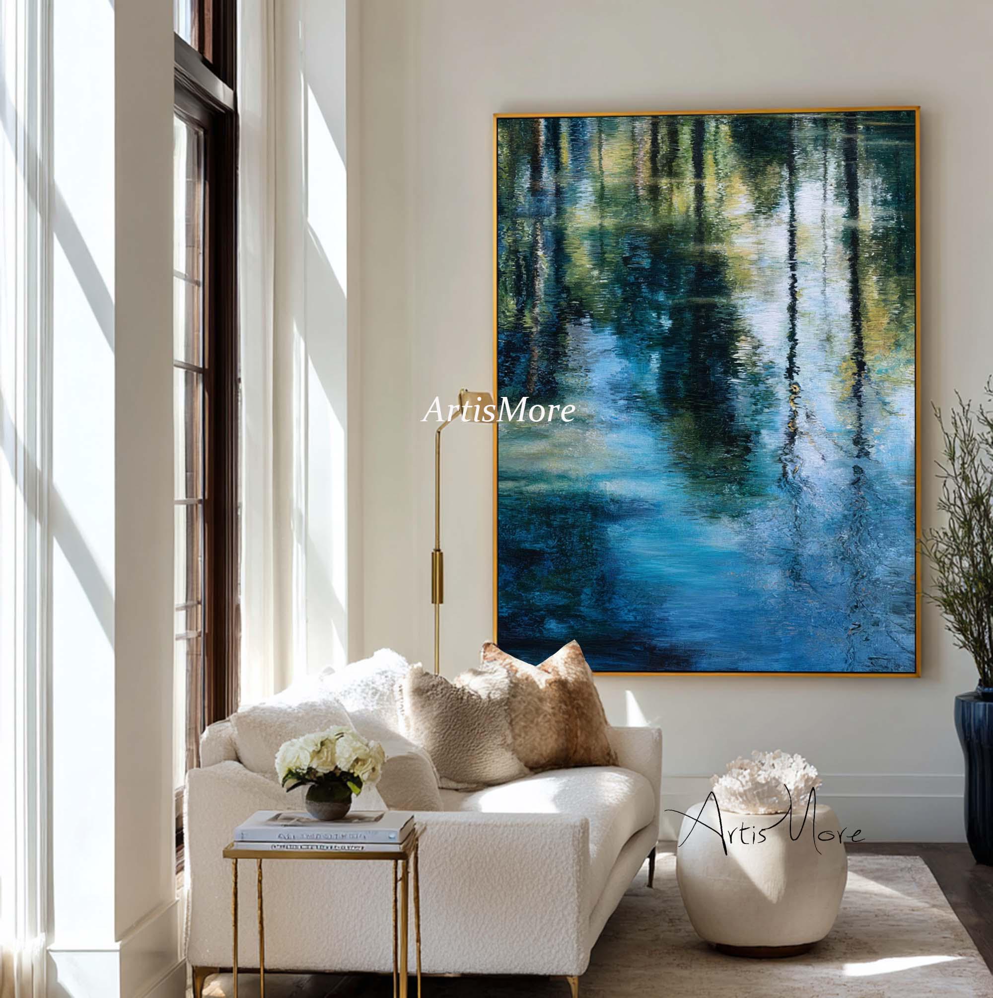 Abstract Lake Landscape Oil Painting Blue Green Forest Reflection ...
