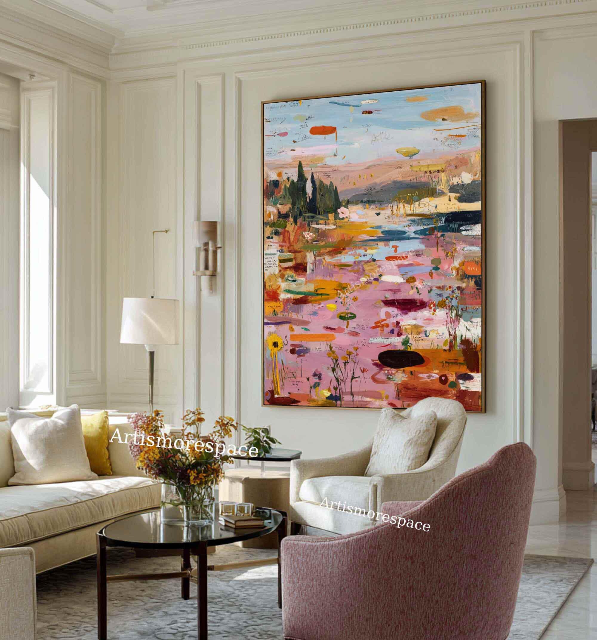 Large Abstract Landscape Oil Painting Colorful Pastel Texture Wall Art ...
