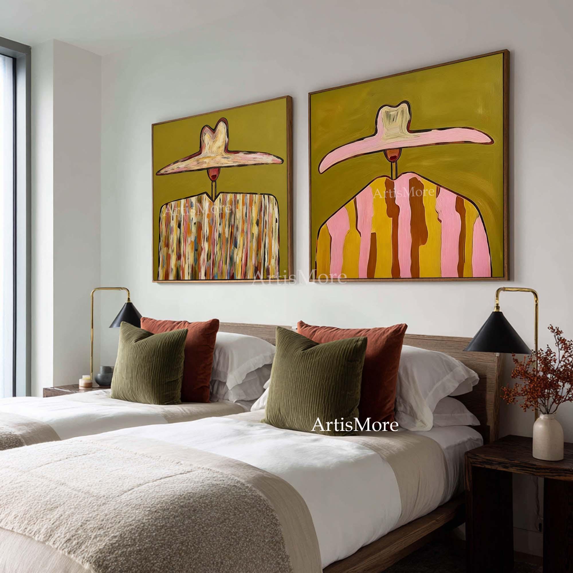 Set of 2 Abstract Figure Painting Large Woman Portrait With Hat Canvas ...