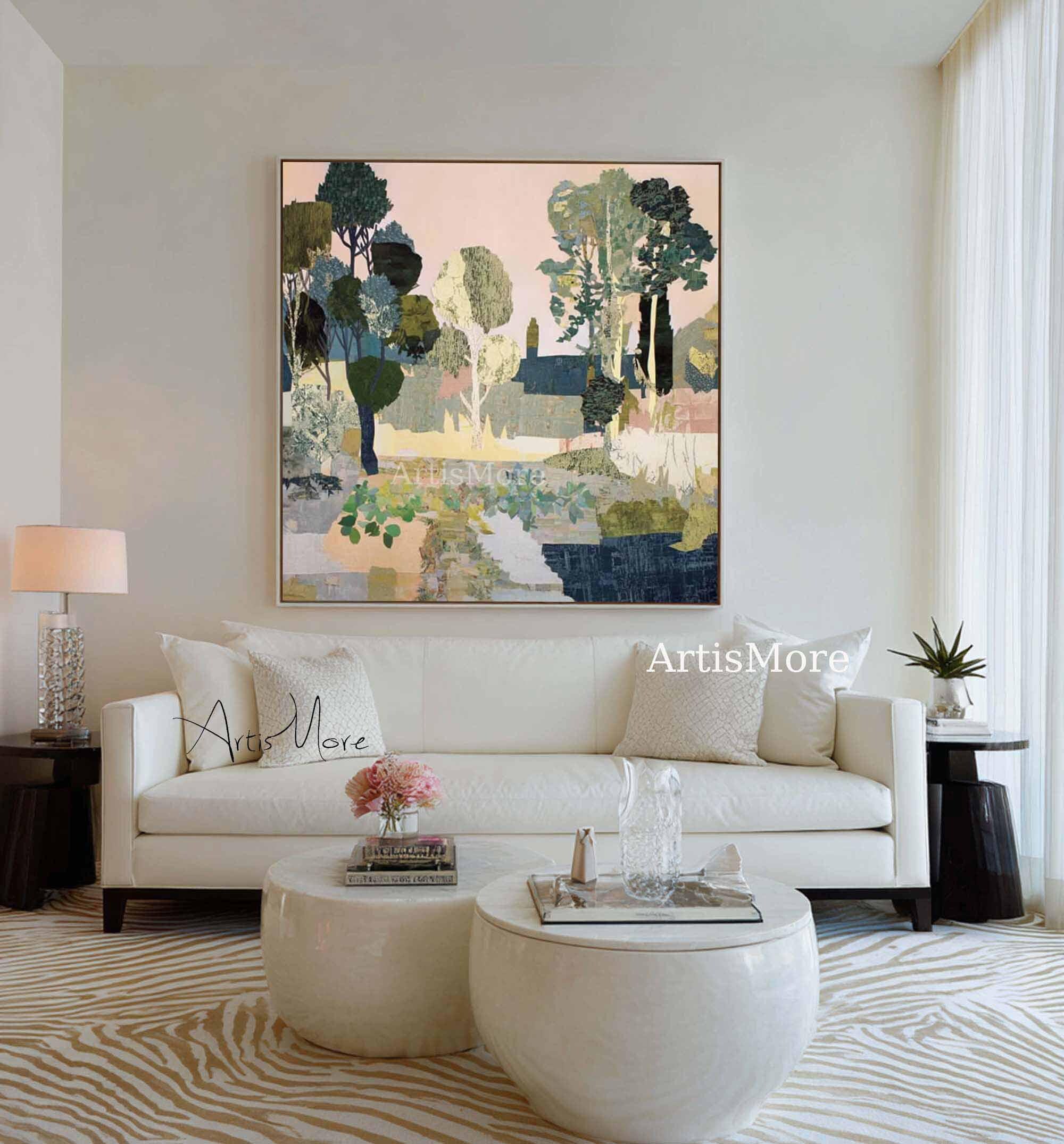 Original Abstract Woodland Landscape Oil Painting Soft Green Modern ...