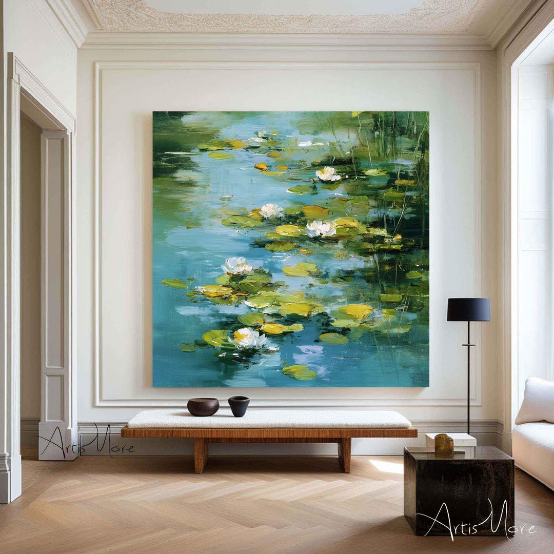 Abstract Water Lily Pond Painting Large Textured Canvas Art Blue Lake ...