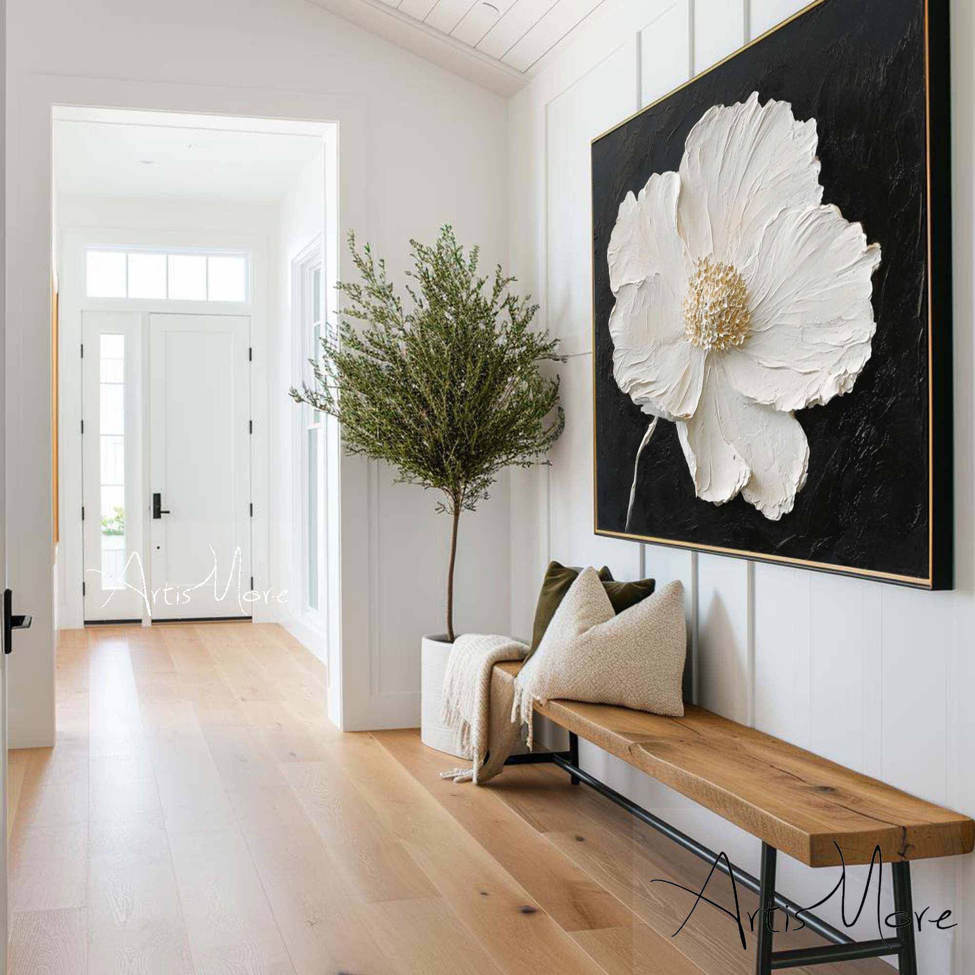 Minimalist Flower Wall Art Black White 3D Texture Painting on Canvas Large Floral Painting Gold Texture Wall Art Boho Living Room Wall Decor