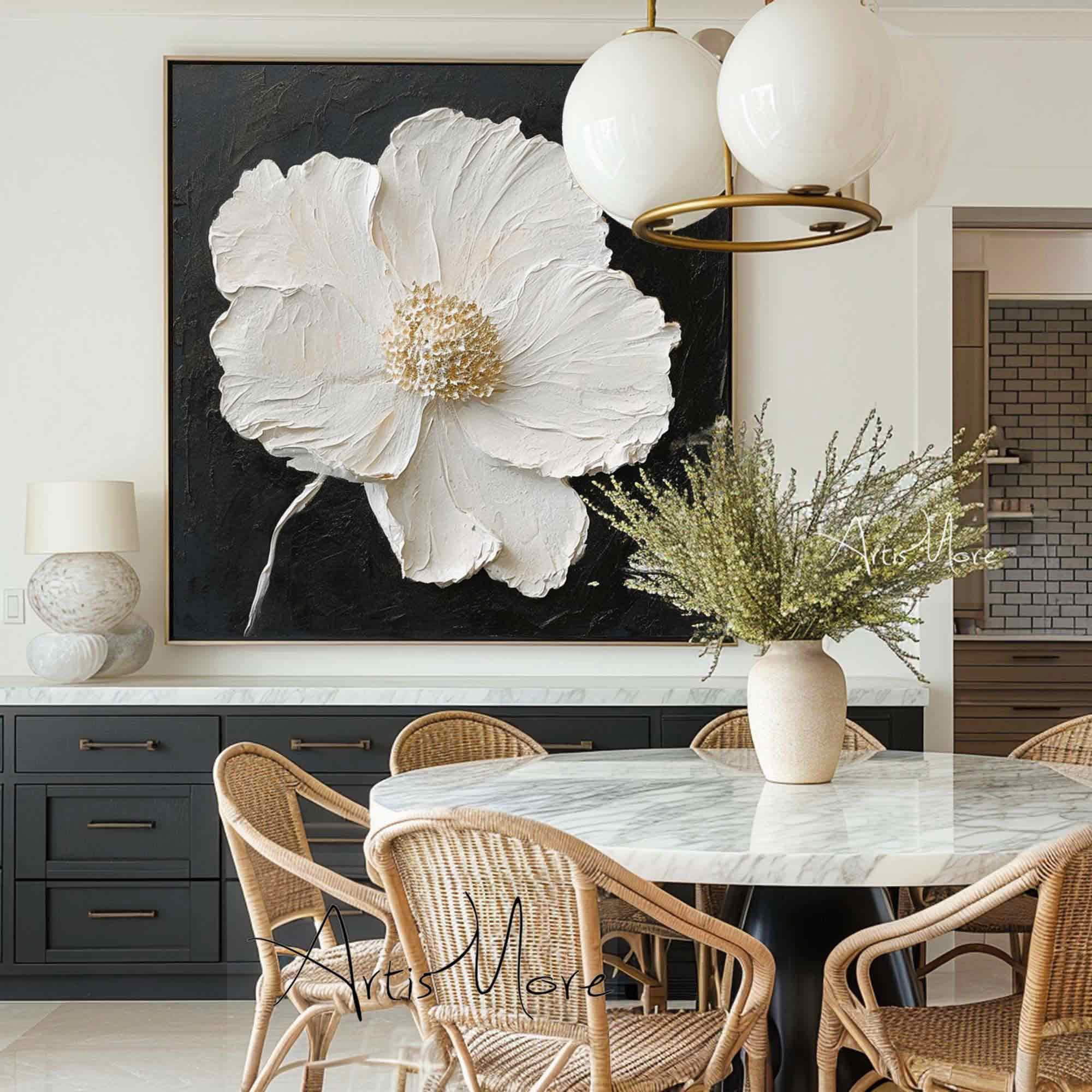 Minimalist Flower Wall Art Black White 3D Texture Painting on Canvas Large Floral Painting Gold Texture Wall Art Boho Living Room Wall Decor