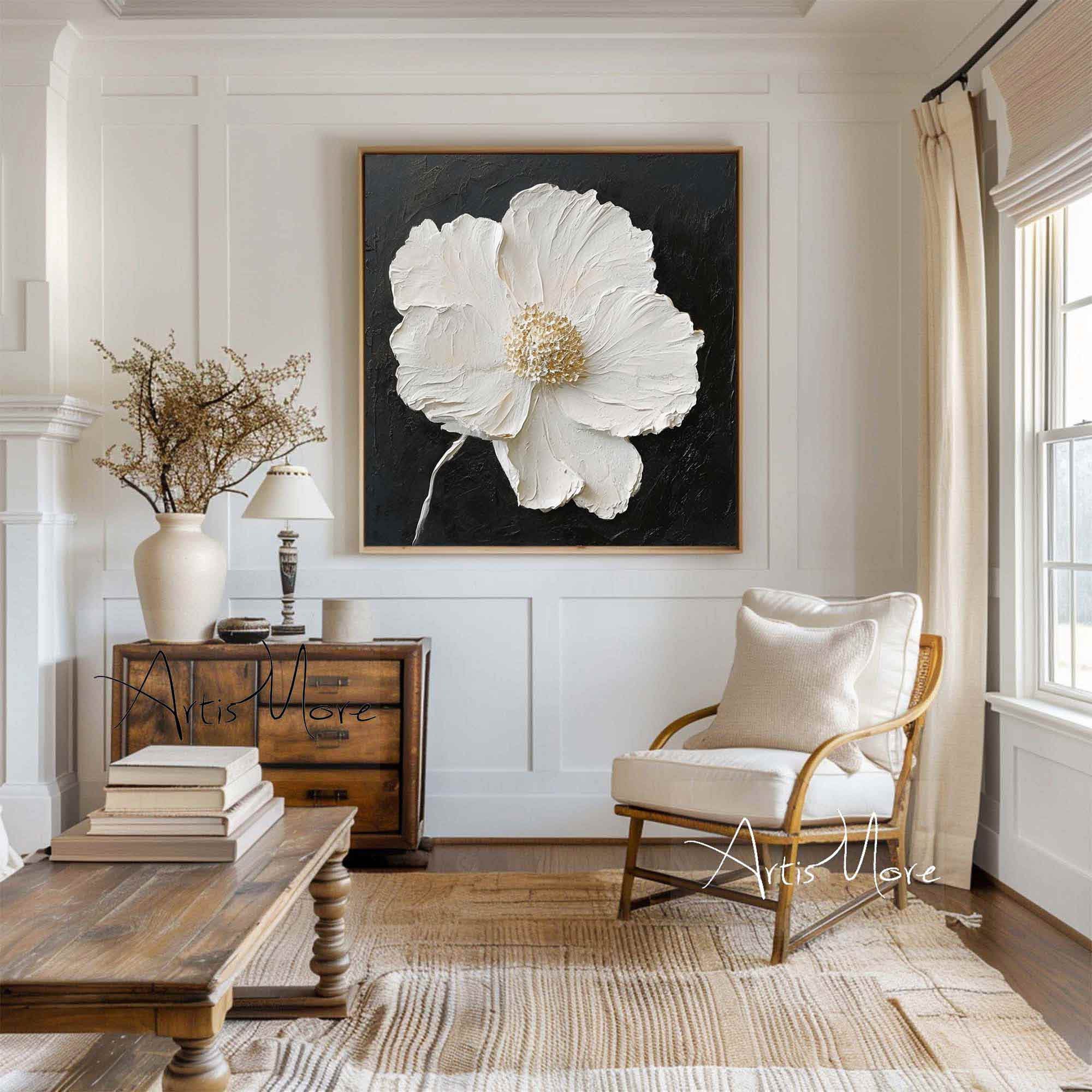 Minimalist Flower Wall Art Black White 3D Texture Painting on Canvas Large Floral Painting Gold Texture Wall Art Boho Living Room Wall Decor