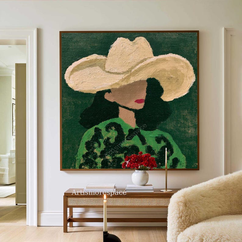 Modern Abstract Woman Portrait Painting Female Figure Wall Art Green ...