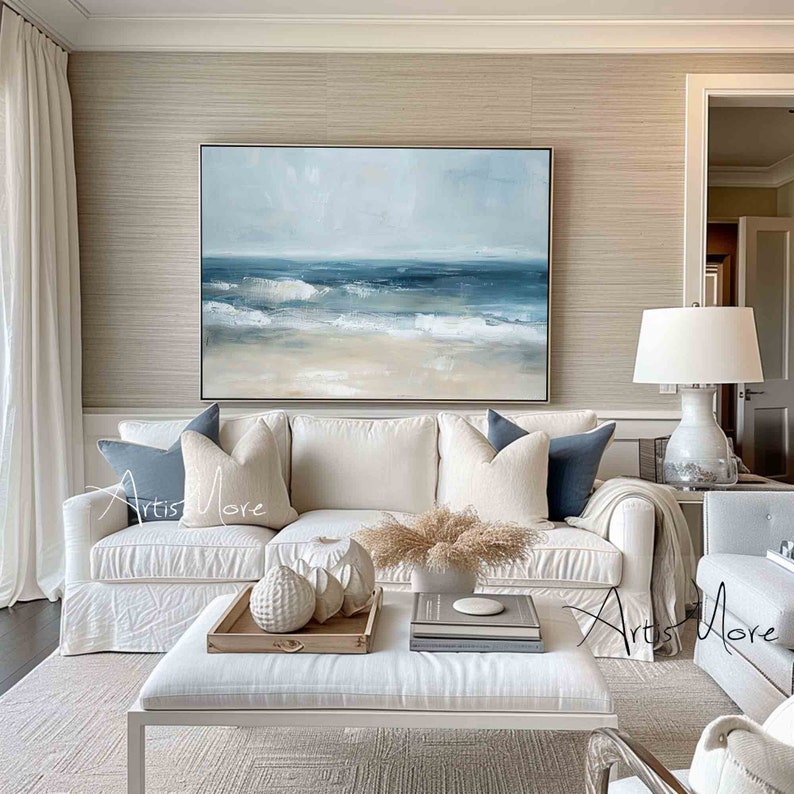 Ocean Wave Wall Art Blue Sea Texture Oil Painting on Canvas Large Blue ...