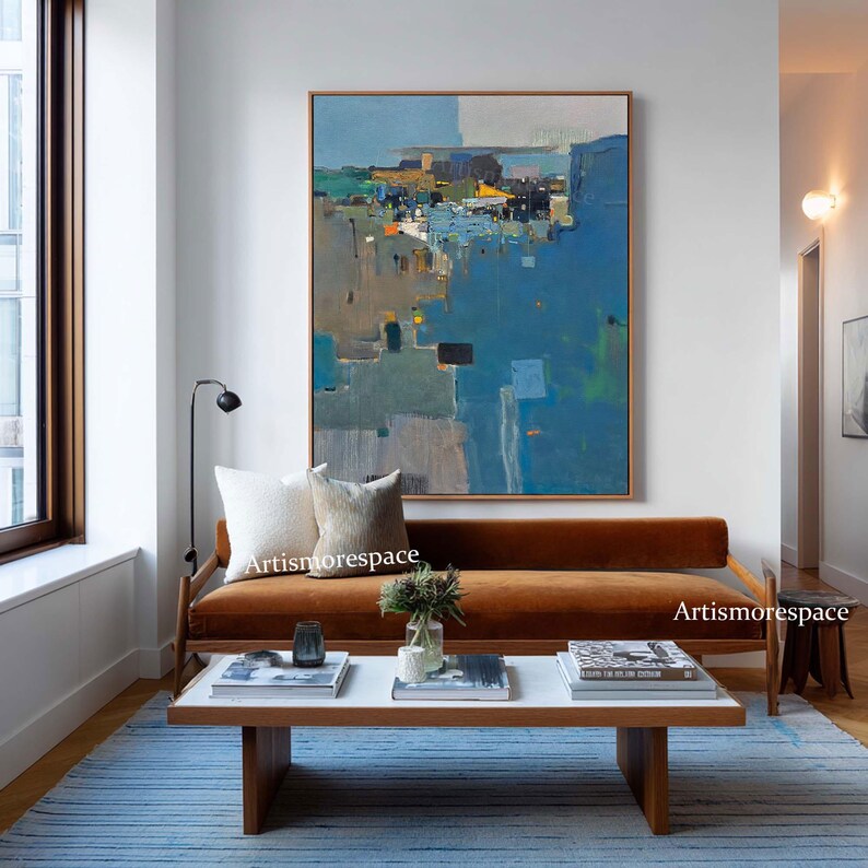Large Abstract Landscape Oil Painting Blue Textured Wall Art Modern ...