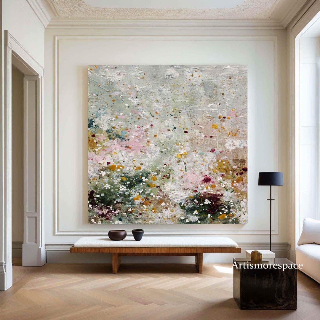 Large Floral Abstract Oil Painting Sage Green Textured Wall Art ...