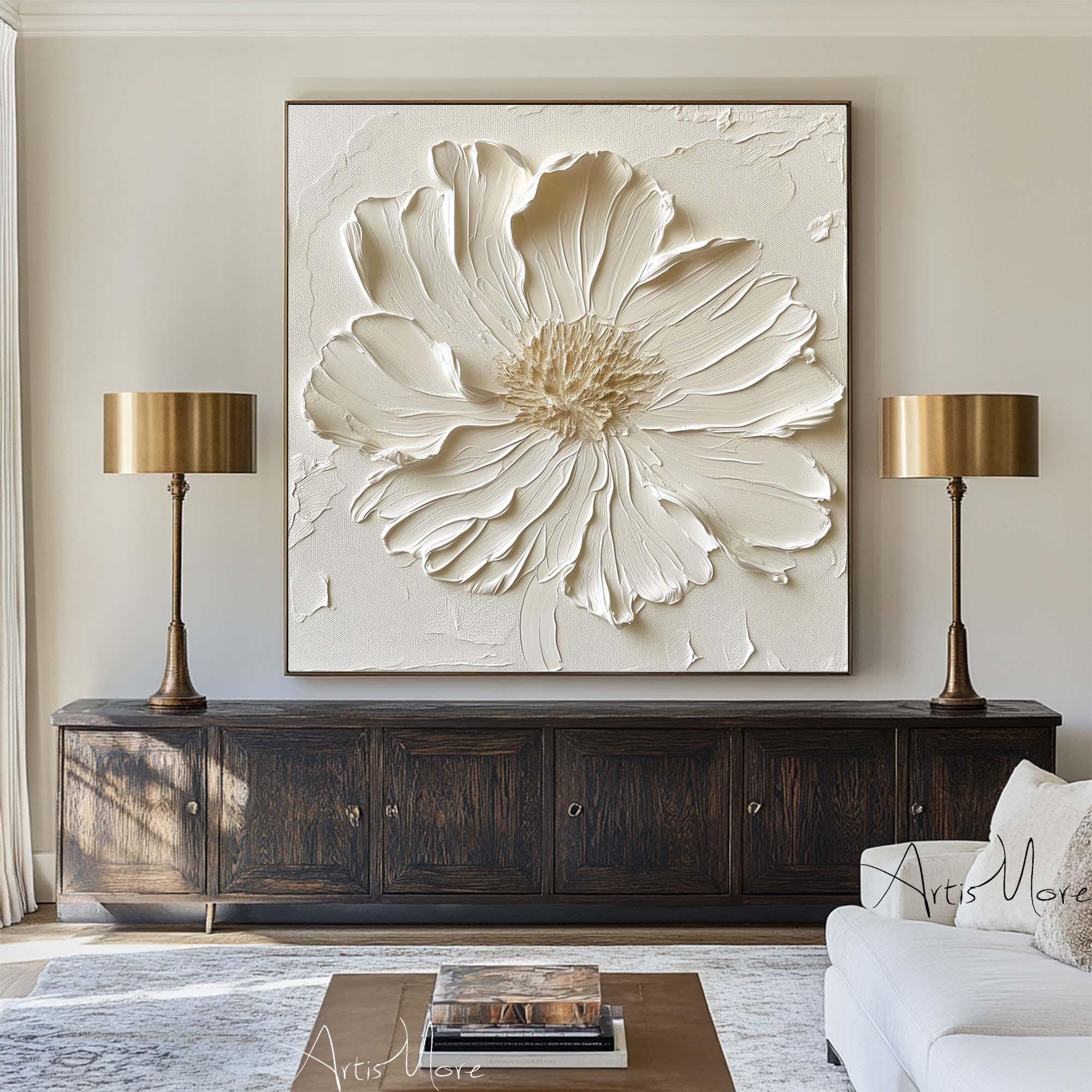 3D Texture Flower Painting on Canvas Large Flower Wall Art Creamy White Minimalist Painting Gold Texture Art Boho Minimalist Floral Art